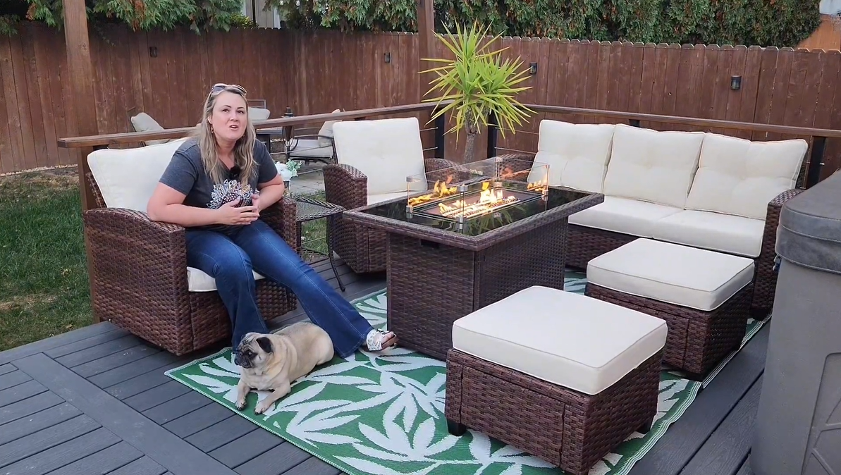 thumbnail video image 2 of Layinsun 10 Pieces Patio Furniture Set with Swivel Chairs, Rattan Wicker Rocking Glide Chairs with 44" Propane Gas Fire Pit Table Conversation Set, 2 of 9