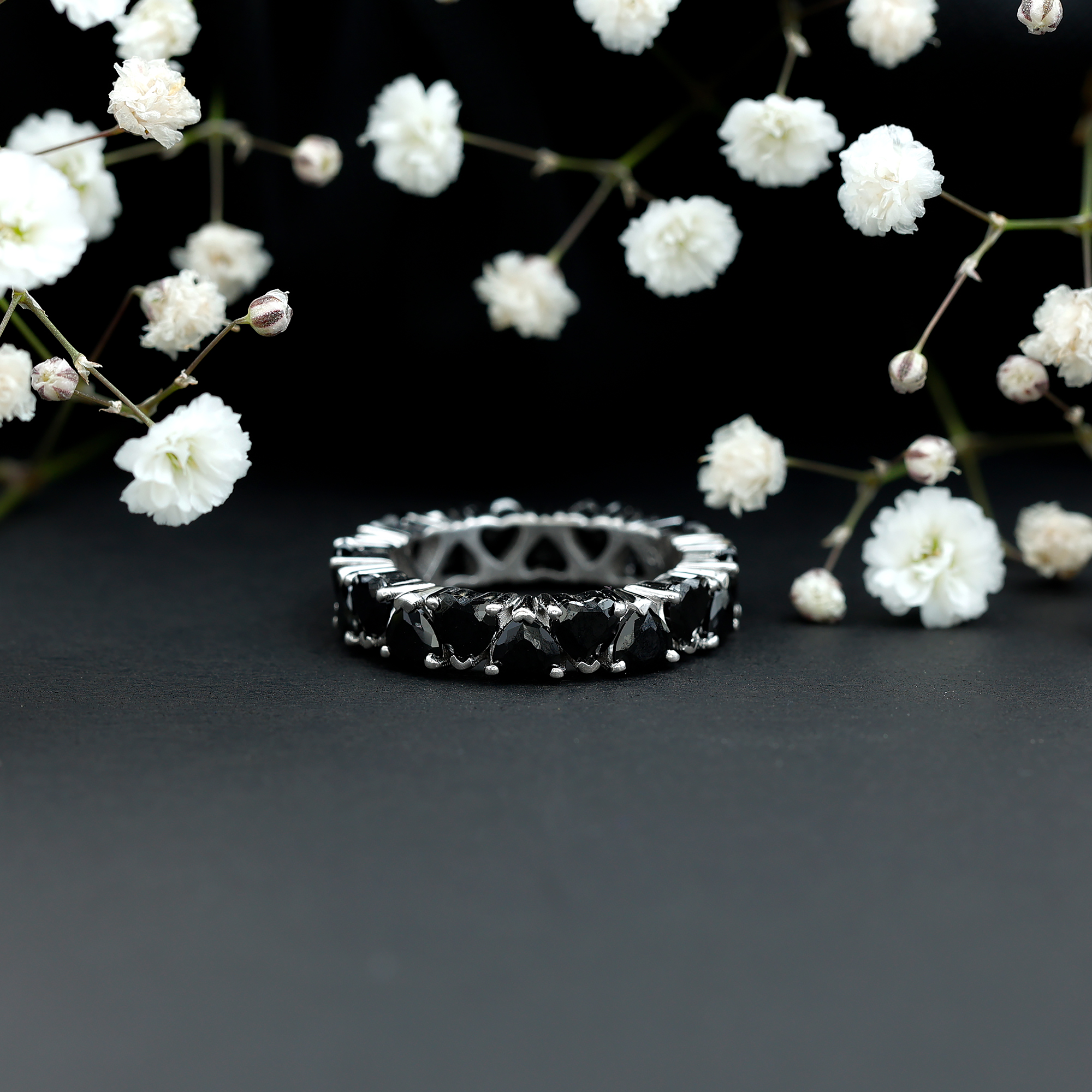 thumbnail video image 2 of Rosec Jewels Natural Black Onyx Heart Eternity Ring for Women (AAA Quality) Hypoallergenic Ring - Ready to Gift for Valentines, 14K Yellow Gold, US 5.00, 2 of 7