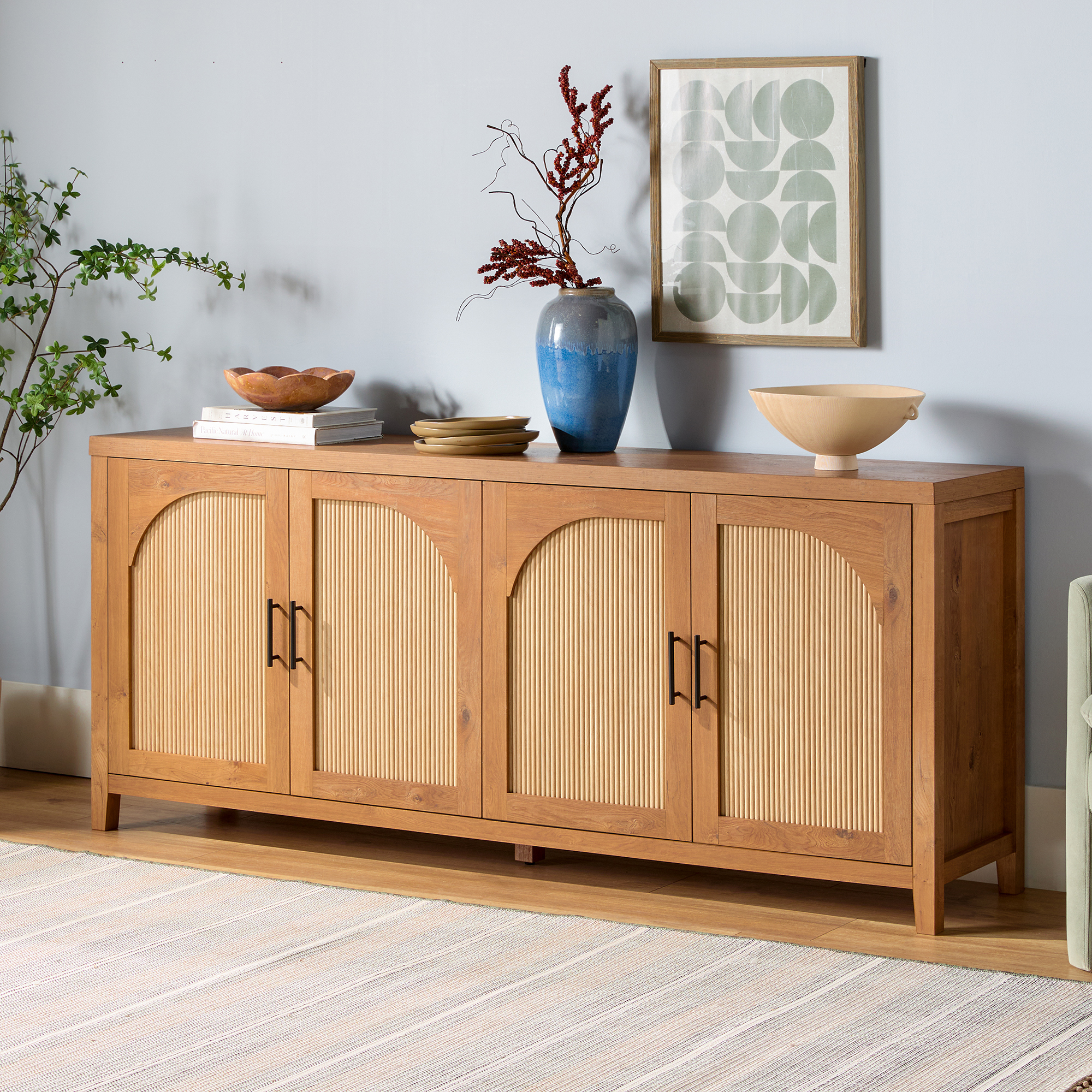 thumbnail video image 2 of Walker Edison Modern 2-Shelf 70" Sideboard with Reeded Arch Detailing, English Oak, 2 of 22