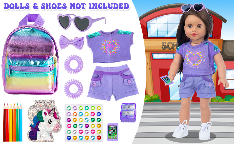 thumbnail video image 2 of ZITA ELEMENT 18 Inch Girl Doll Clothes and Accessories School Supplies Playset with Doll Clothes,School Bags, Sunglasses, Pencils, Pencil Sharpener, Notebooks, Phone, Hair Clip, Stickers （No Doll）, 2 of 9