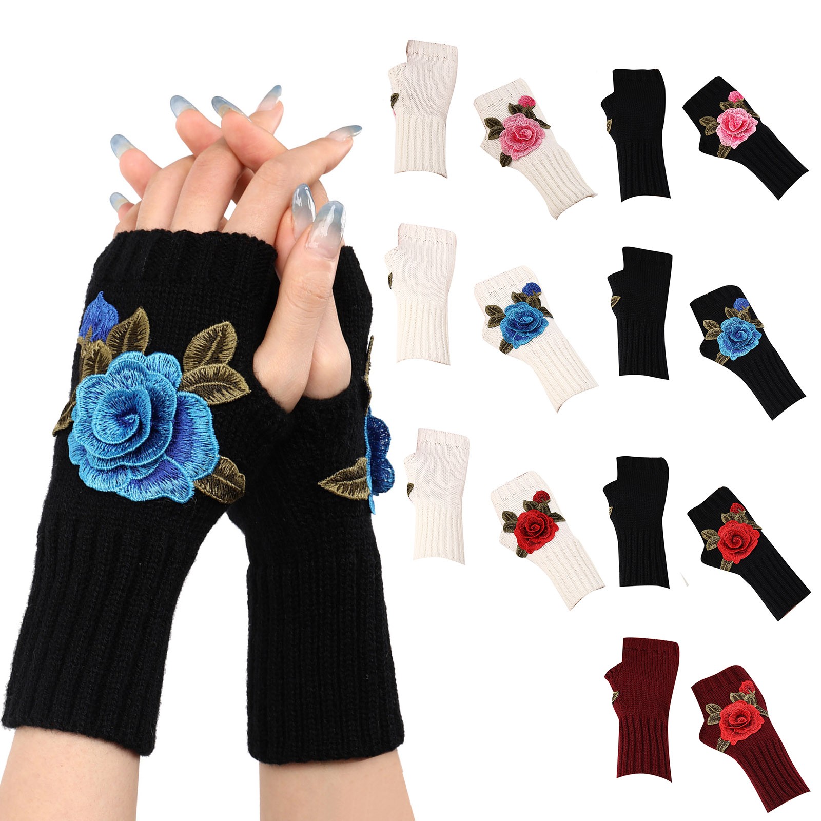 thumbnail video image 2 of GZWYHT Gloves for Cold Weather,Winter Gloves Ladies Warm Knit Fingerless Gloves Convertible Mittens Fashion Flowers Fingerless Gloves,Work Gloves,Gloves for Women Blue, 2 of 5