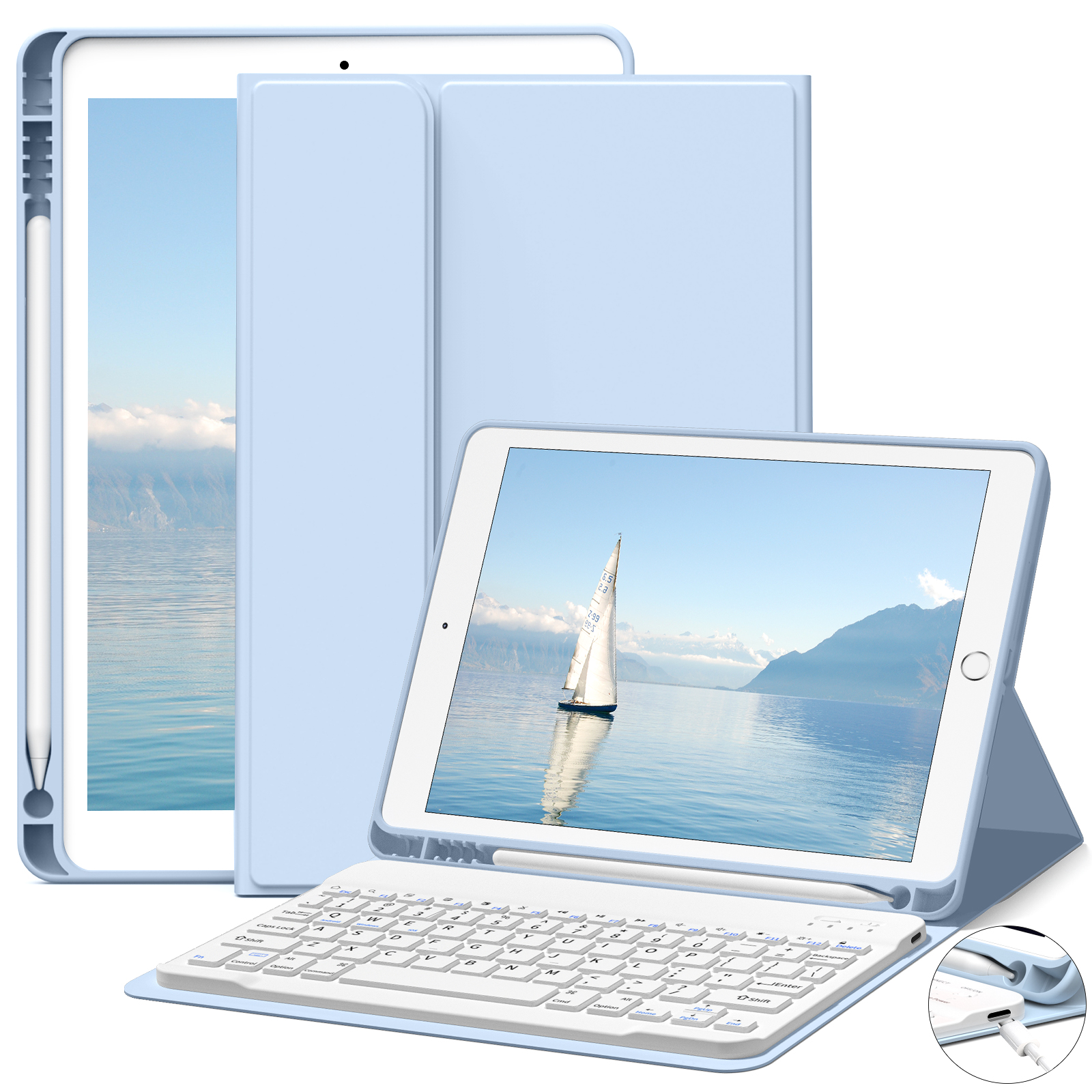 thumbnail video image 2 of ZKTUYU Keyboard Case for iPad 9th Generation 2021/8th Gen 2020/7th Gen 2019 10.2 Inch, Stand Folio Keyboard Cover with Pencil Holder, Magnetically Detachable Wireless Bluetooth Keyboard, Blue, 2 of 9