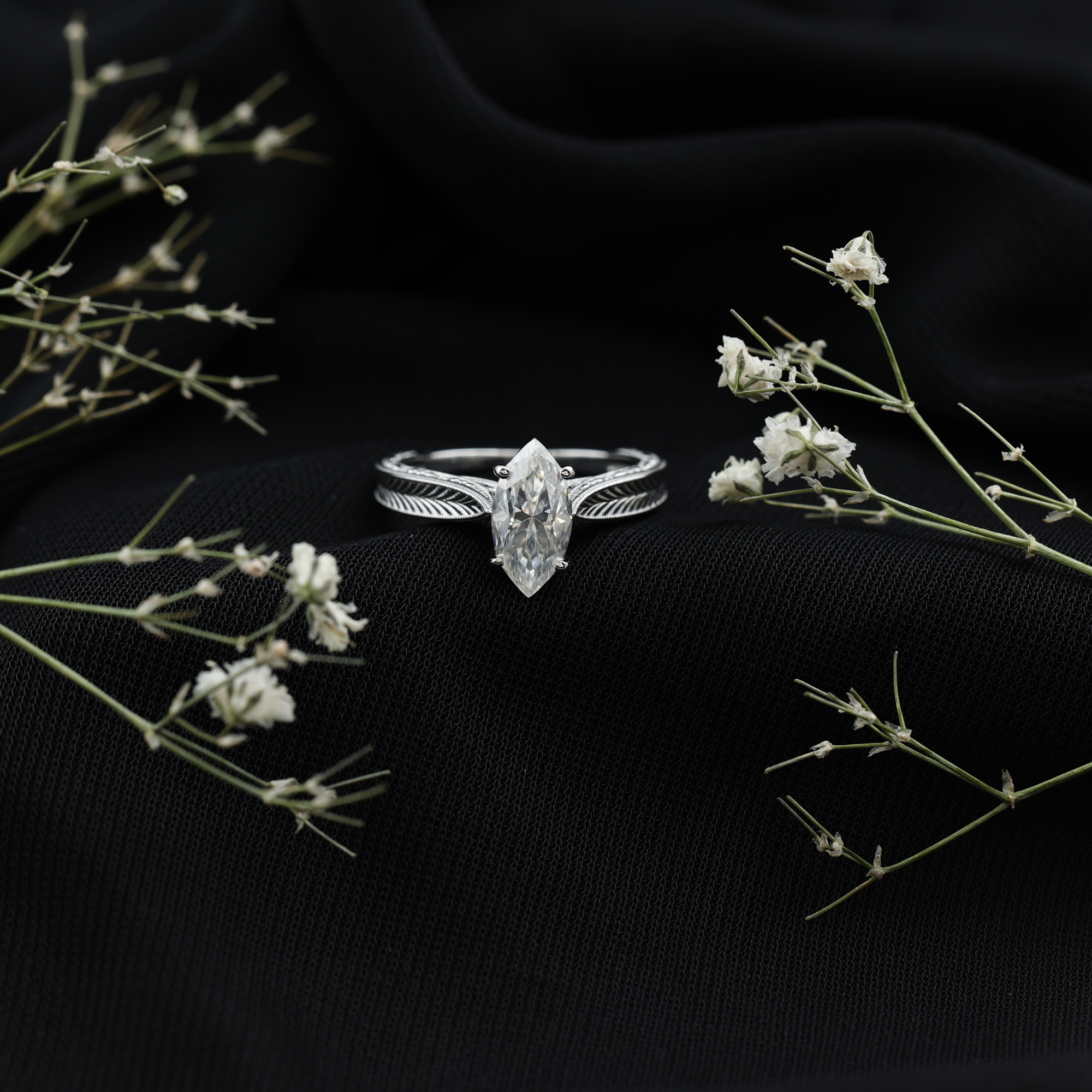 thumbnail video image 2 of Rosec Jewels Moissanite Marquise Engagement Ring 1 Ct - 5X10 mm - Vintage Style Ring - D-VS1 Quality, 925 Sterling Silver, US 4.00, 2 of 9