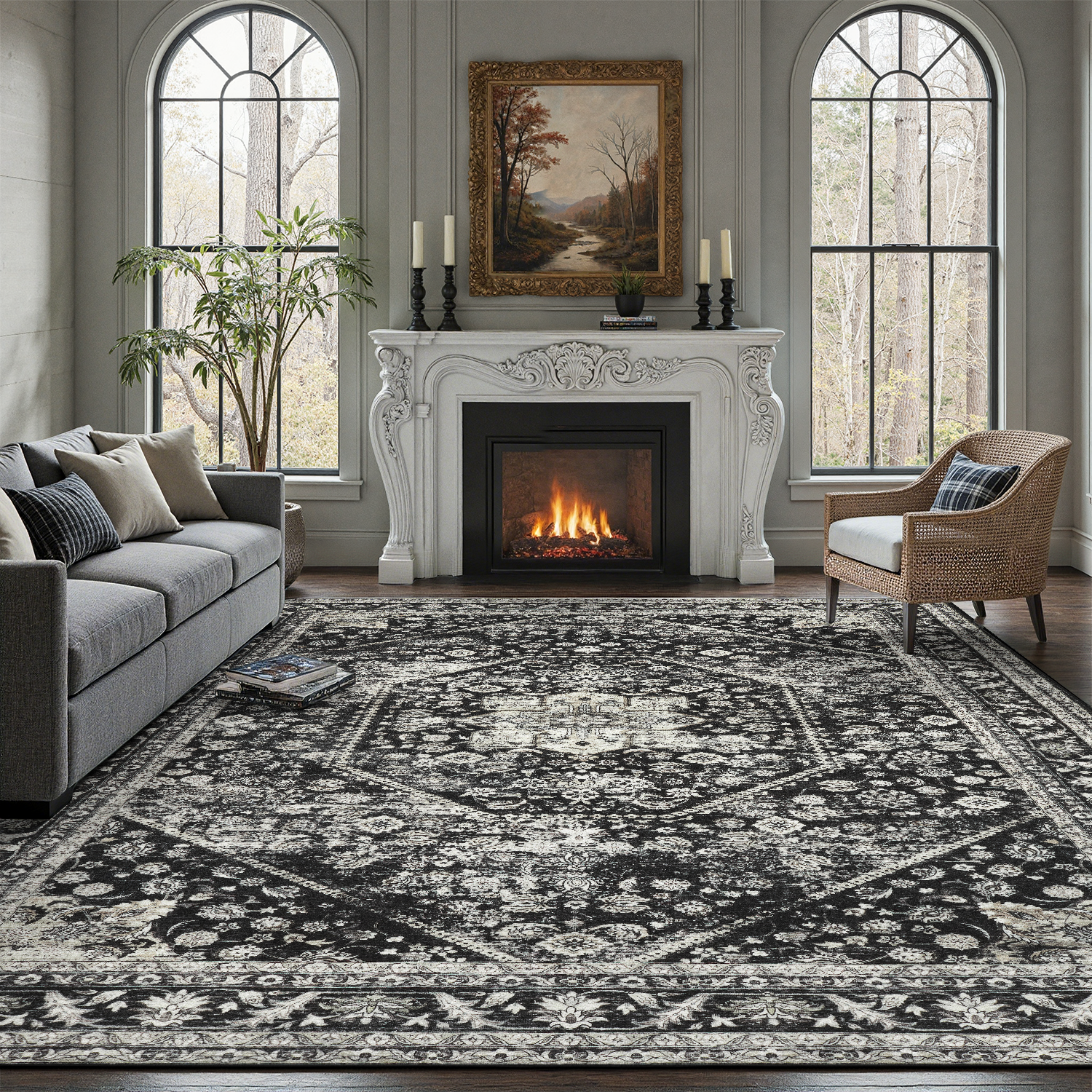thumbnail video image 2 of Machine Washable Area Rug 4x6, Non Slip Stain Resistant Vintage Floral Rug for Living Room Bedroom, Soft Low Pile Carpet-Black, 2 of 7