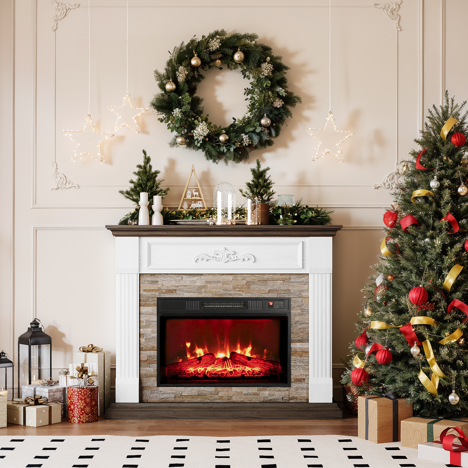 thumbnail video image 2 of LGHM 44" Electric Fireplace Mantel, Wooden Stacked Stone Surround Free Standing Electric Fireplace Heater with Adjustable Led Flame, Remote Control, White, 2 of 13