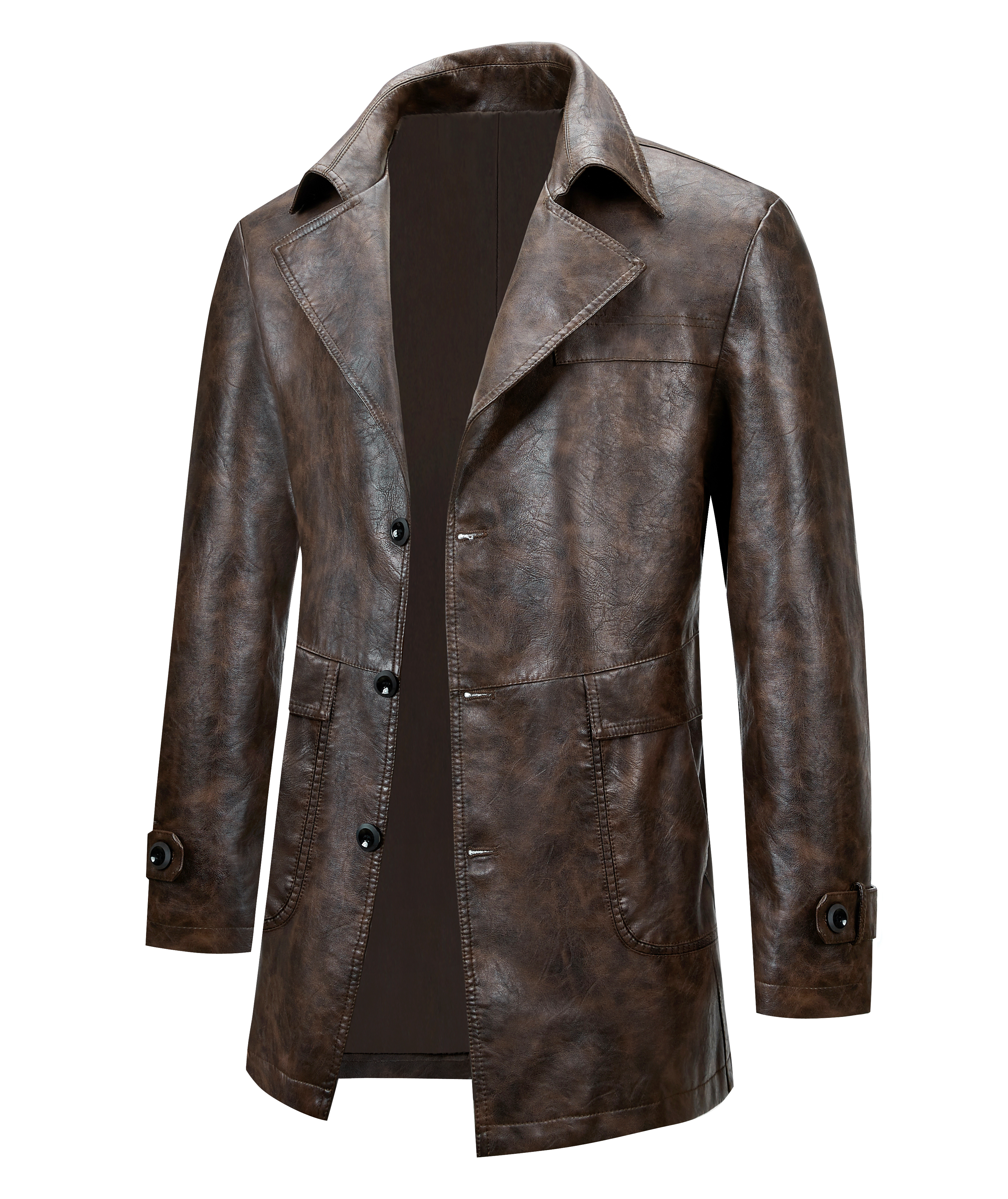 thumbnail video image 2 of Men's Mid-Length Single-Breasted Lapel Coat, Vintage Simple Casual PU Leather Jacket, 2 of 10