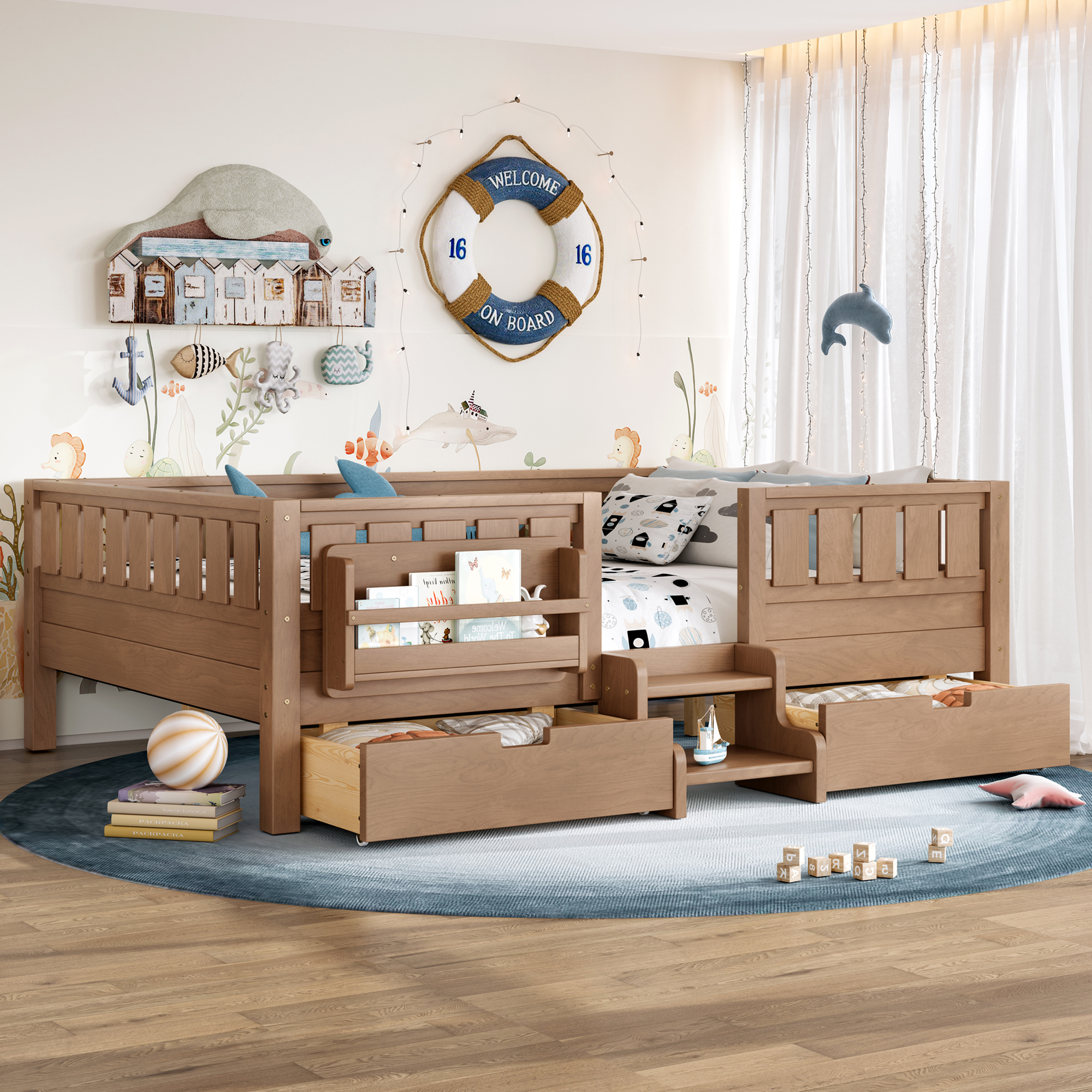 thumbnail video image 2 of Bellemave Full Size Montessori Low Floor Bed with Staircase and Guardrails, Bed with Bookshelves and 2 Drawers, No Box Spring Needed, Light Natural, 2 of 11