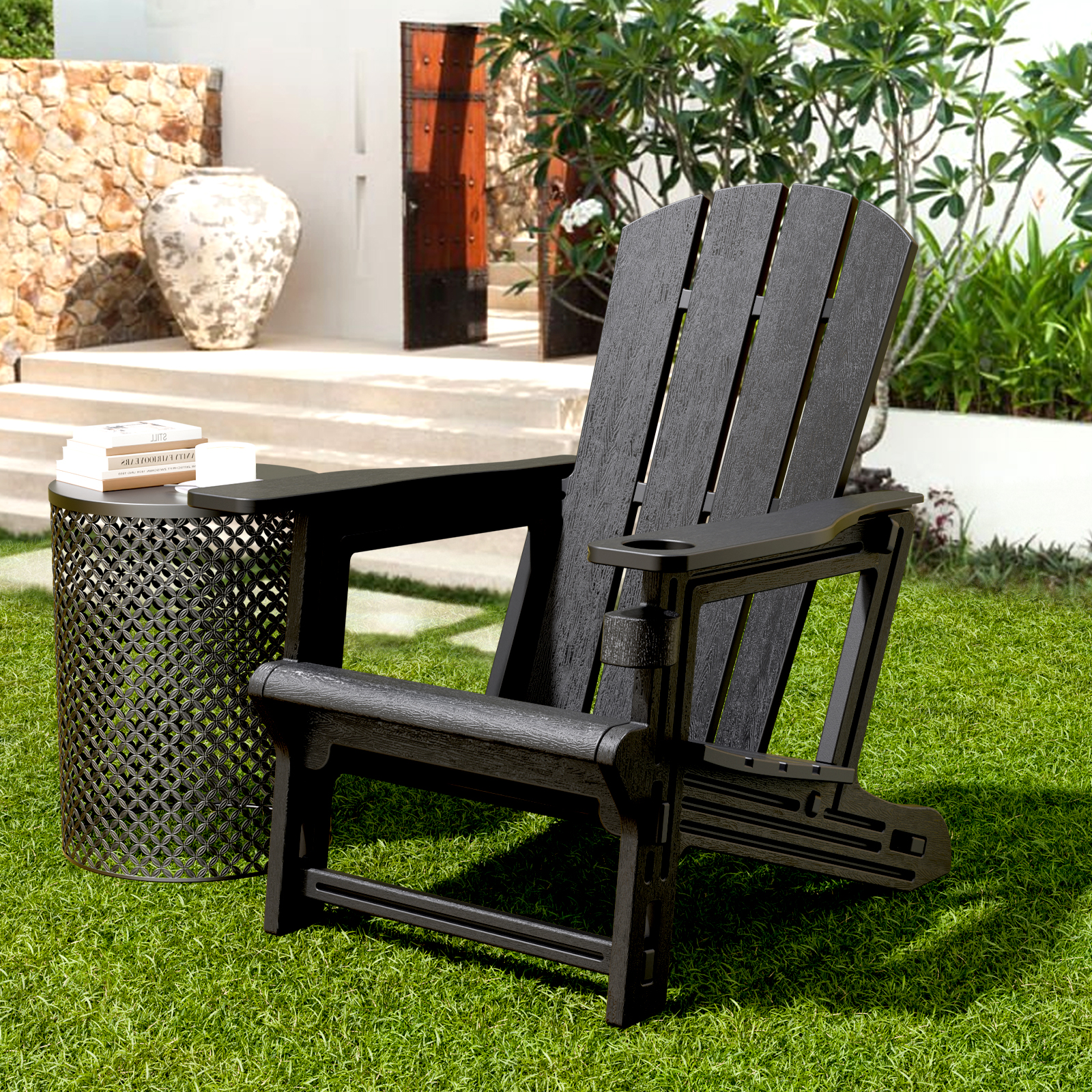 thumbnail video image 2 of Chiccushion Adirondack Chair with Cup Holder, HDPE All-Weather Patio Chairs for Poolside, Backyard, Deck, Fire Pit, Black, 2 of 9