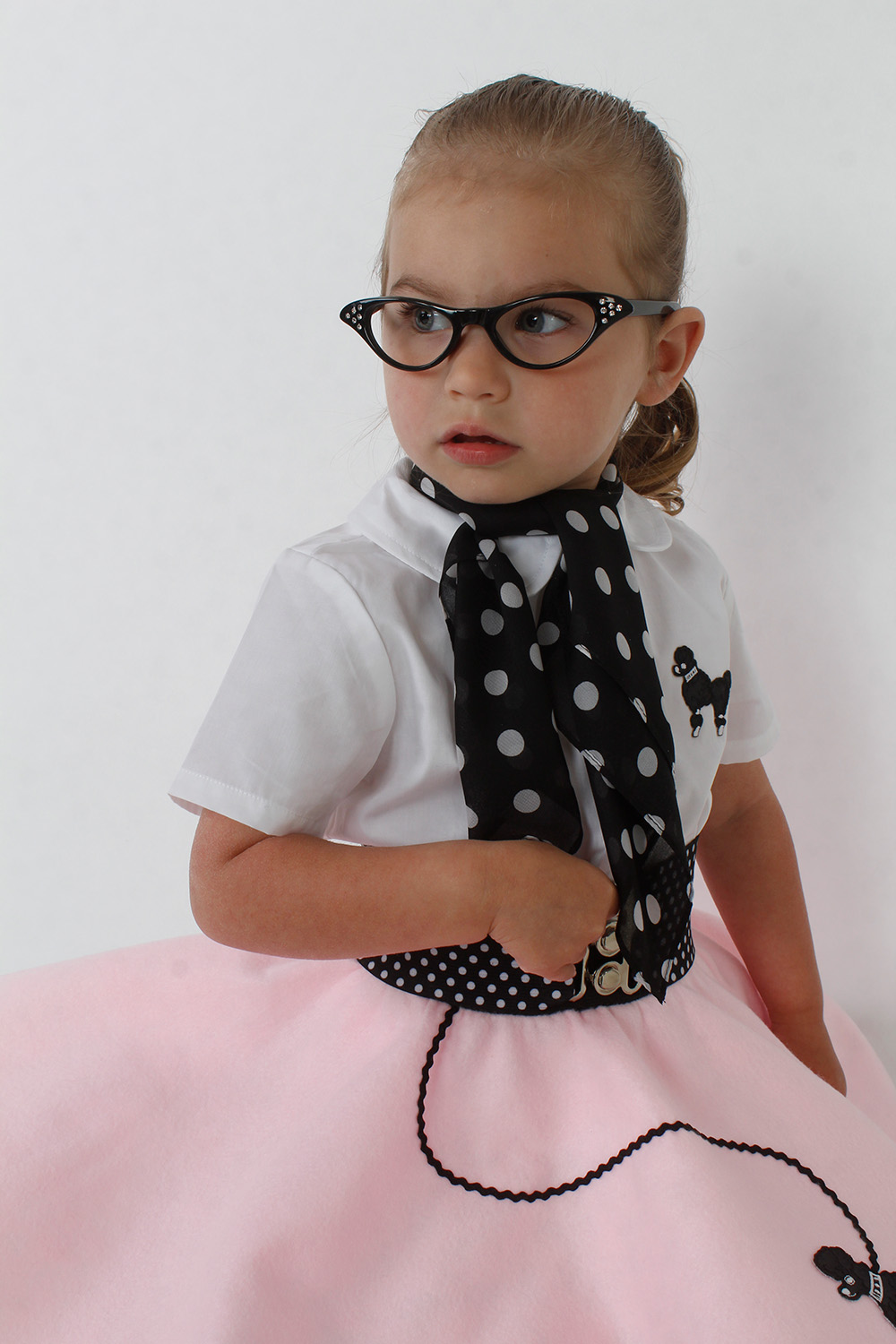 thumbnail video image 2 of Hip Hop 50's Shop 1950s Toddler Poodle Skirt with Scarf, Bobby Socks, and Glasses, 4 Piece Halloween or Pretend Play Costume Set (Hot Pink), 2 of 5