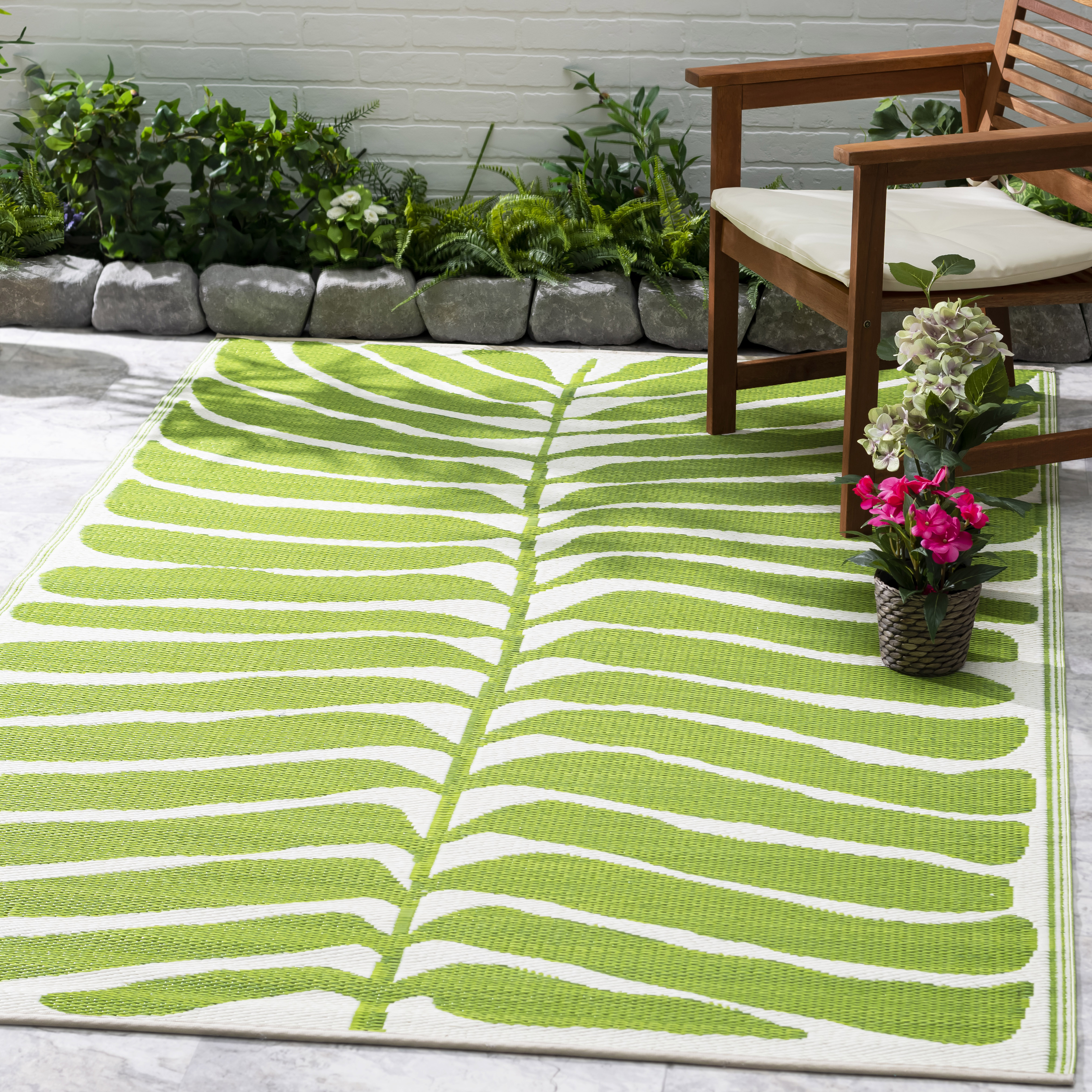 thumbnail video image 2 of Fab Habitat Outdoor Rug - Waterproof, Fade Resistant, Crease-Free - Premium Recycled Plastic - Tropical Leaf Botanical - Patio Porch Balcony Deck - Hilo - Green - 8 x 10 ft, 2 of 9