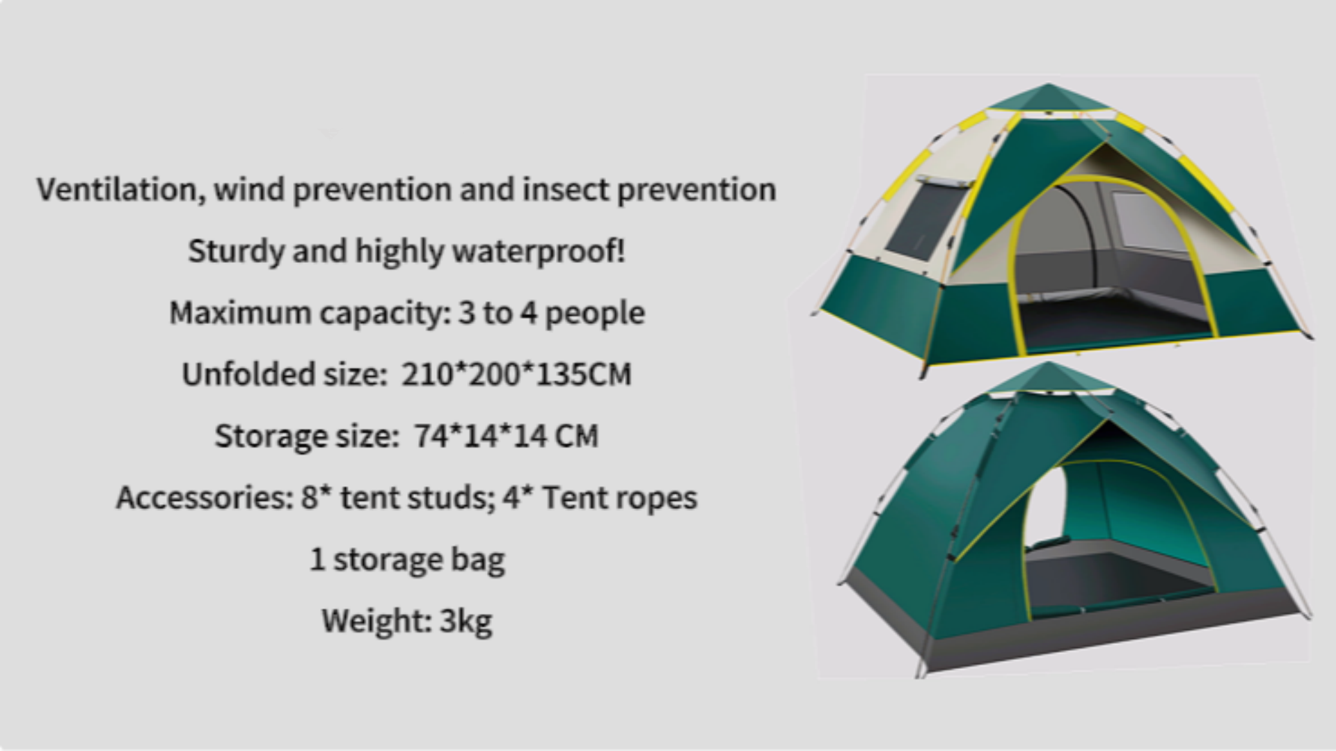 thumbnail video image 2 of SAN LIKE Camping Tent 3/4 Person Tents for Family Camp Tent Waterproof Outdoor for Backpacking Hiking Easy Setup with Storage Bag,8 Ground ding,4 Windproof Rope(Green with Doors No Windows), 2 of 7