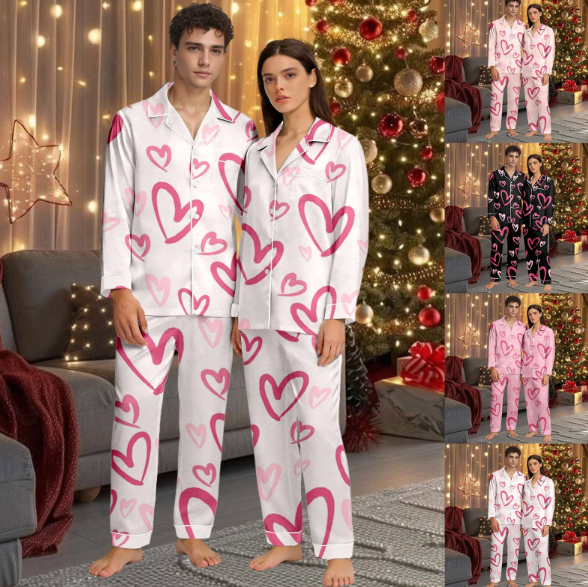thumbnail video image 2 of HNMKIU Couples Pajamas Set Valentine's Day Heart Print V-Neck Long Sleeve Pants Button Closure Cozy Sleepwear 02_Light Pink,M, 2 of 6