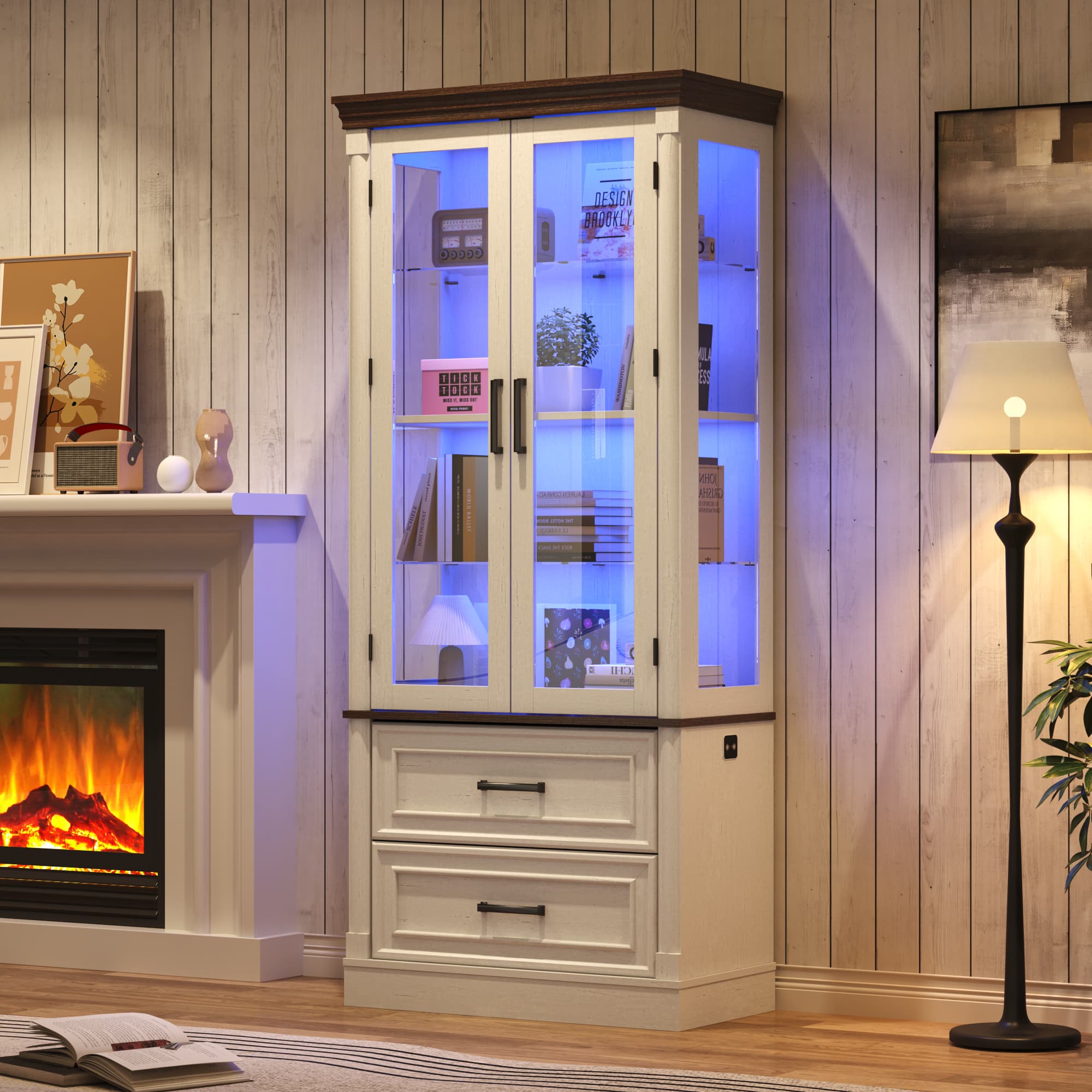 thumbnail video image 2 of 71" Glass Display Cabinet with LED Sensor Light, 4 Tier Display Shelves with 2 Storage Drawers, LED Curio Cabinet Bookcase Display Case for Collectibles Toys Books Decor, 2 of 9