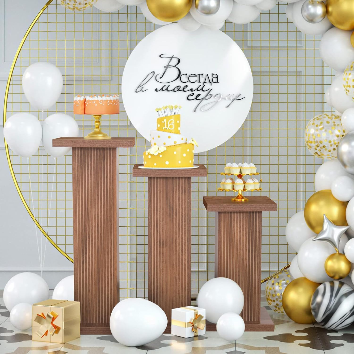 thumbnail video image 2 of Oubayajia 3Pcs Square Pedestals Display, Wood Plinths Pillars Ornament Stand Cake Rack for Parties, Wedding, Anniversary, 2 of 7