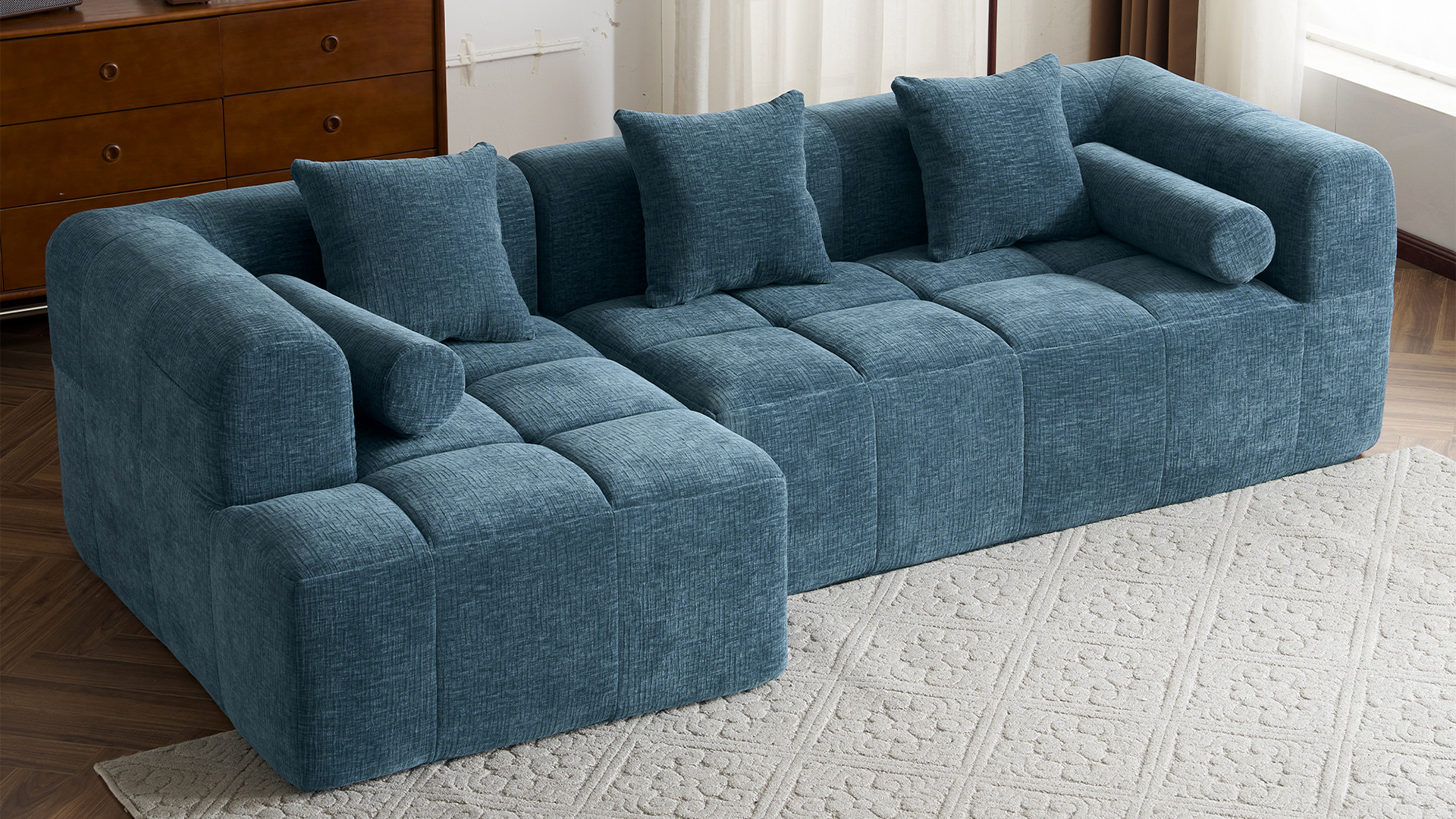 thumbnail video image 2 of Dinosisco 101" Reversible Sectional Sofa, L-Shaped Modular Sponge Couch for Living Room, Gray Chenille, 2 of 10