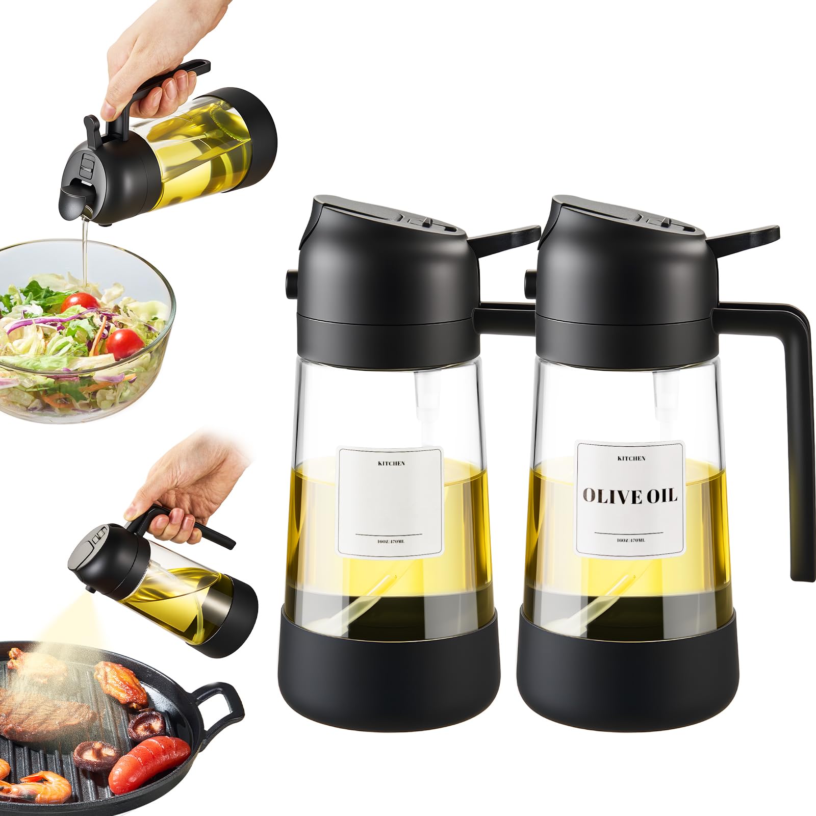 thumbnail video image 2 of Greenpod Oil Dipenser Bottle with Silicone Bottom, 2 in 1 Olive Oil Sprayer and Dispenser, Oil Spray Bottle 500ML/ 17OZ for Cooking, Kitchen, BBQ, Air Fryer, Salad, Baking(2PC Black), 2 of 9