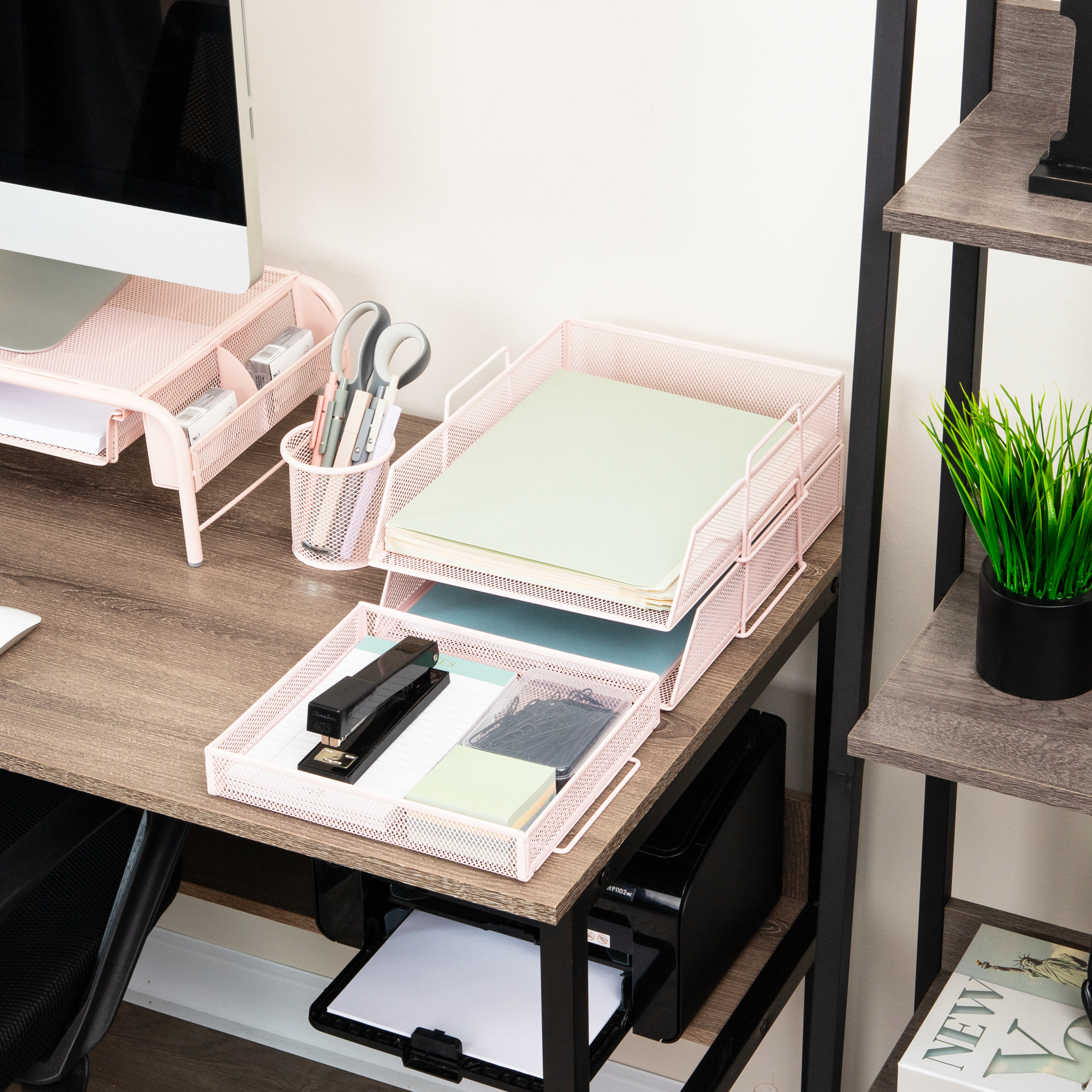 thumbnail video image 2 of Mind Reader 2 Tier Paper Tray with Top Supply Compartment, Desktop File Organizer, Metal Mesh, Pink, 2 of 6