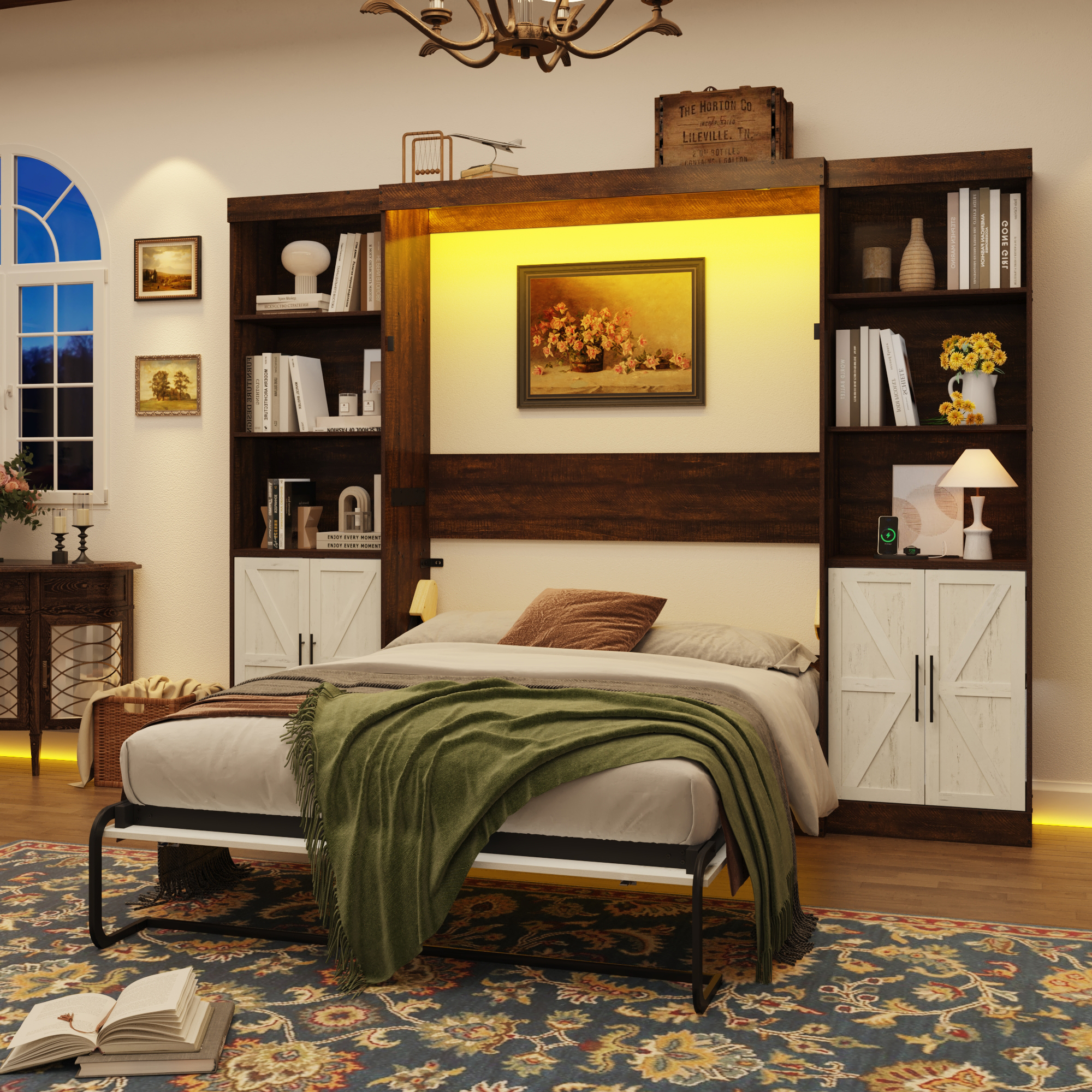 thumbnail video image 2 of ANPOO Full Size Murphy Bed with 2 LED Lights, Power Outlet, 2 Shelving Unit,  Farmhouse Wood Hidden Foldable Wall Bed Frame with Gas Struts, Storage Bed Cabinet for Bedroom, Space-Saving, 2 of 11