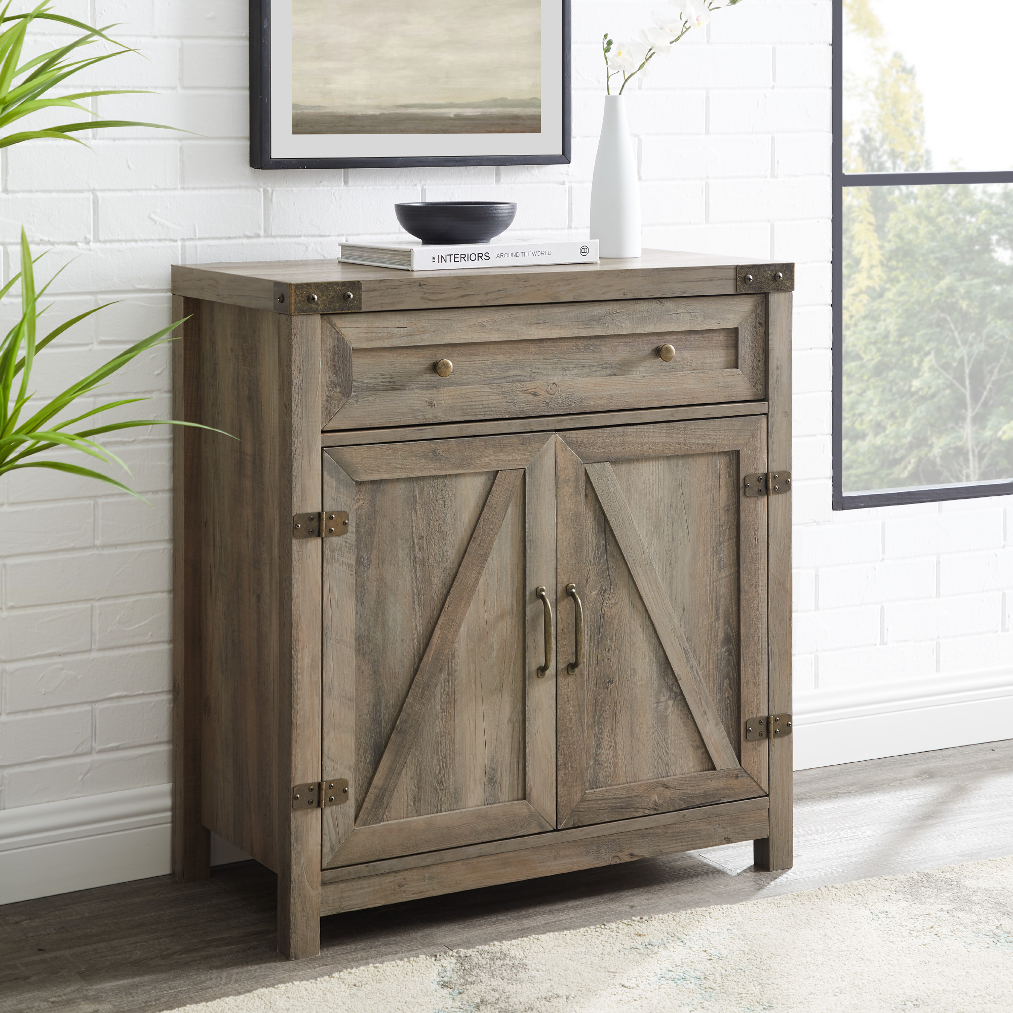 thumbnail video image 2 of Walker Edison Sliding Barn Door Accent Cabinet, Grey Wash, 2 of 12