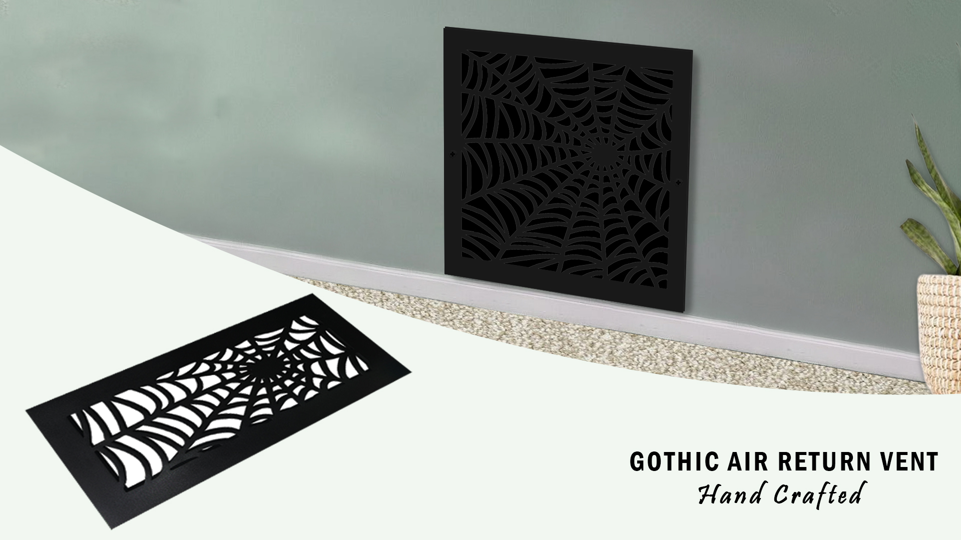 thumbnail video image 2 of 6"x30" Spooky Gothic Air Return Vent Cover in Spider Web Design Cast Aluminum Air Grille HVAC Duct Cover || Powder Coated Black with holes, 2 of 10