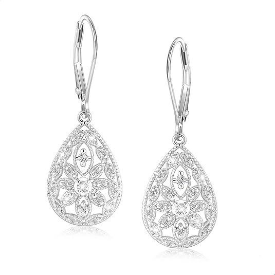 thumbnail video image 2 of top-keivon 925 Sterling Silver Teardrop Dangle Earrings for Women Cubic Zirconia Leverback Filigree Drop Dangle Earrings Jewelry Hypoallergenic Silver Teardrop Filigree Earring for Gifts, 2 of 8