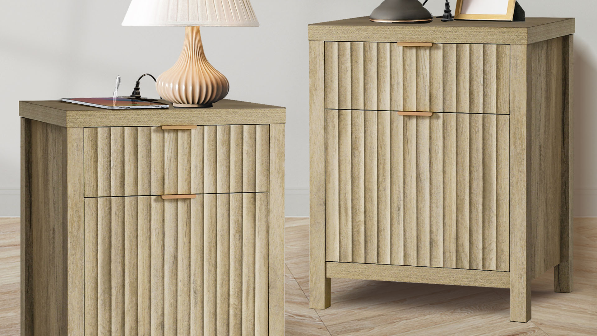 thumbnail video image 2 of ARKANTOS Set of 2 Nightstands with USB Charging Station, 2 Drawer Modern Bedside Tables, Mist Oak, 2 of 10