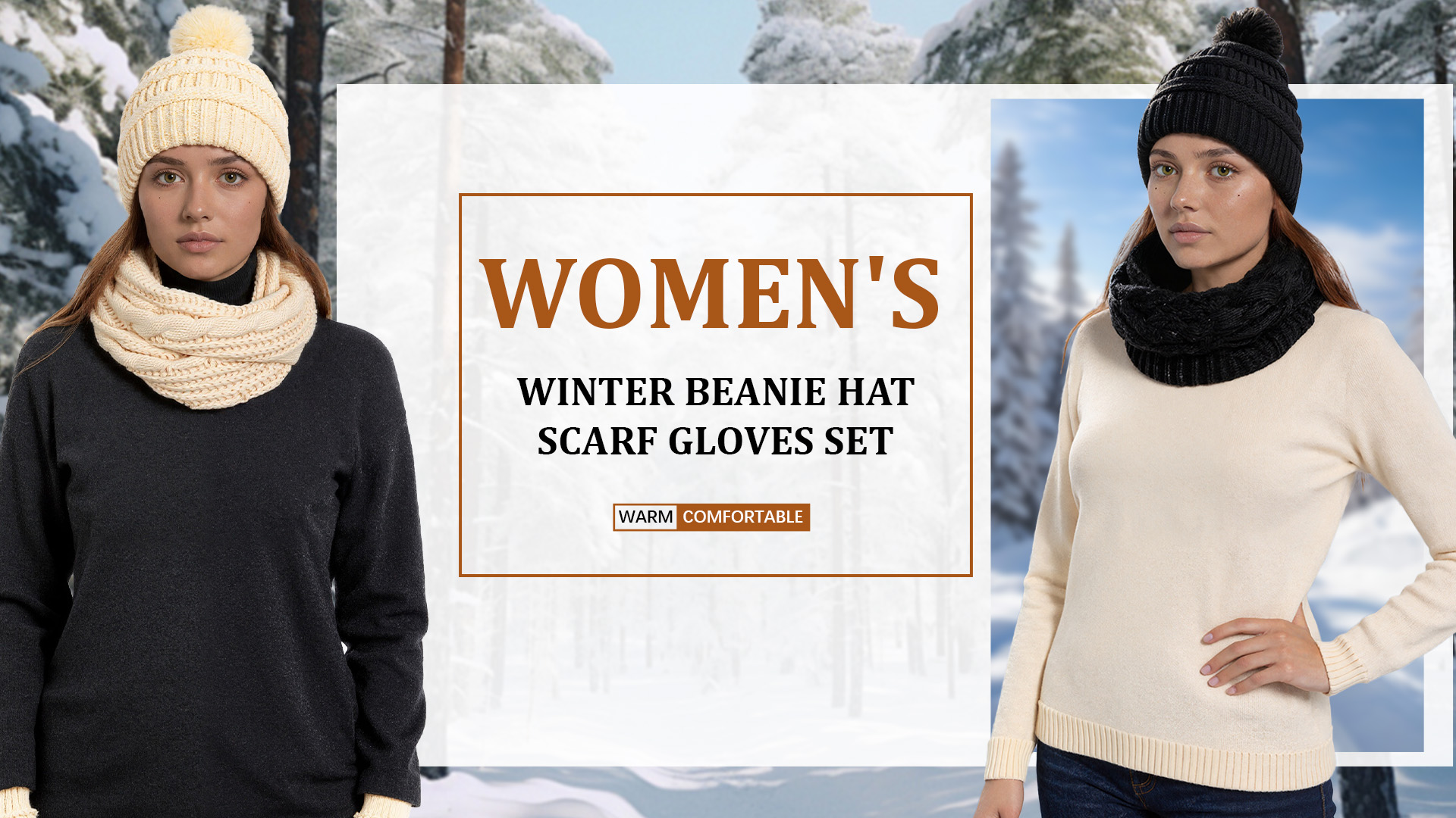 thumbnail video image 2 of FEOYA Womens Beanie Hat Scarf Gloves Socks Set 4 Pieces Winter Warm Knit Hats Touchscreen Gloves Scarf Socks Black, 2 of 7