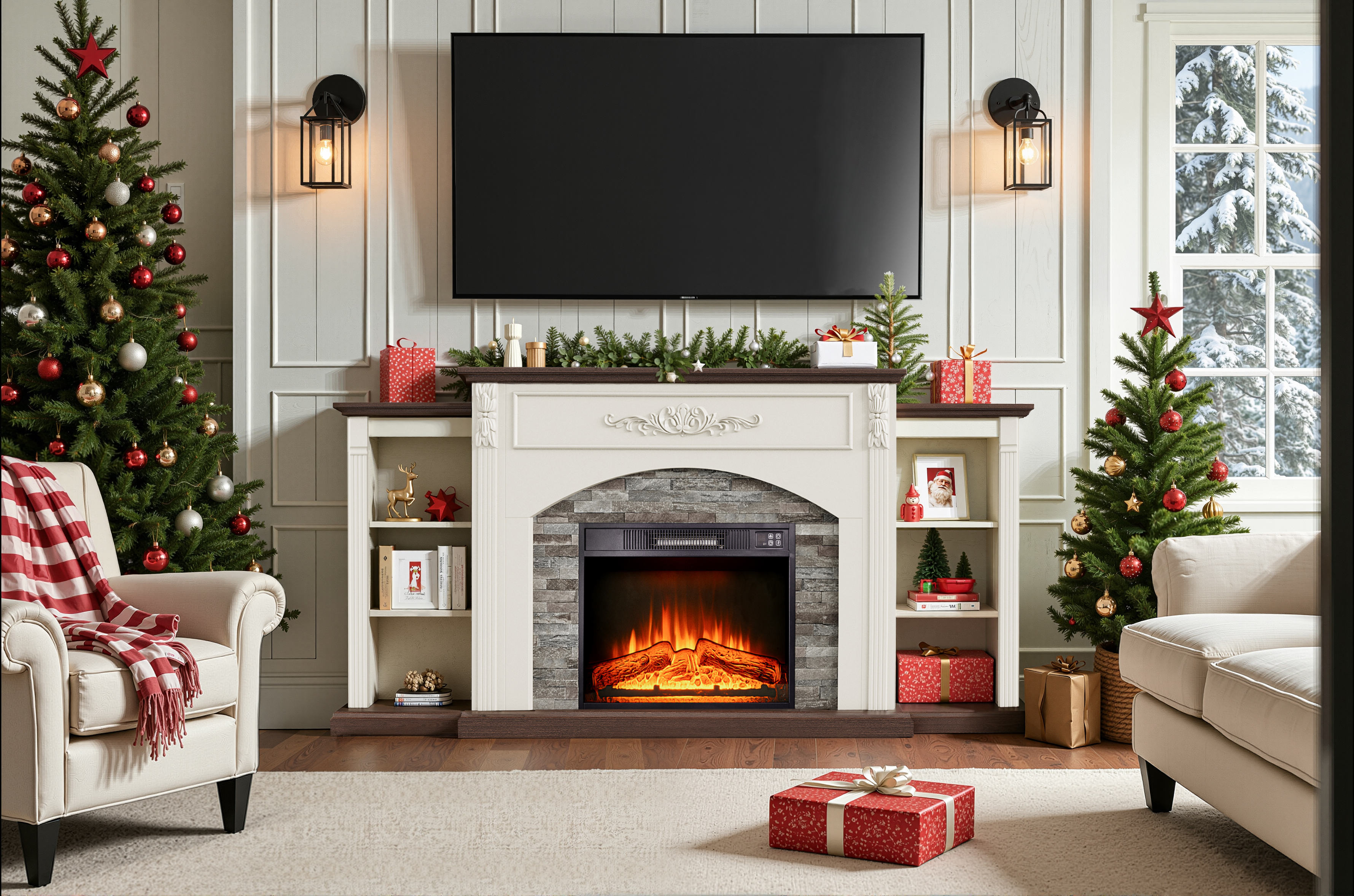 thumbnail video image 2 of Antique White Electric Fireplace TV Stand – Vintage Entertainment Console for TVs Up to 80", 2 of 9