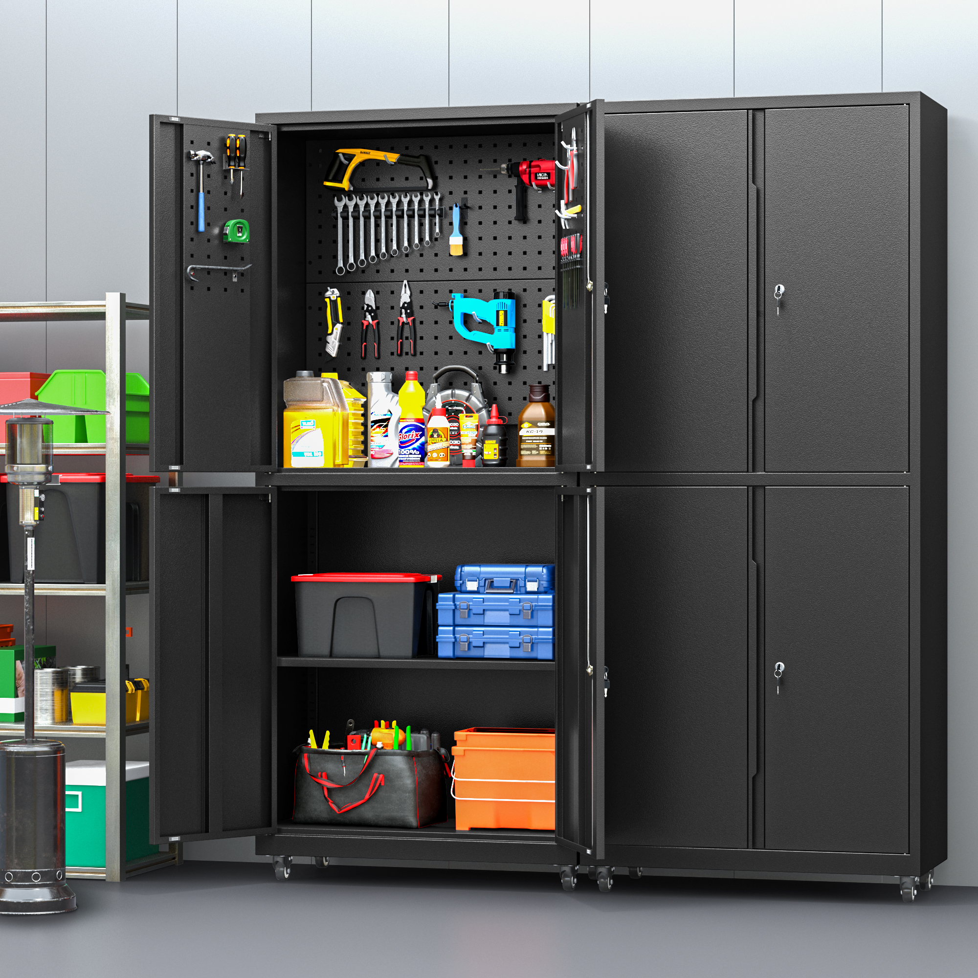 thumbnail video image 2 of 71" Metal Garage Storage Cabinet with Wheels and Pegboard, Steel Tool Cabinet with Adjustable Shelves and Doors, Garage Rolling Cabinet for Garage, Basement, Warehouse, Home Office, 2 of 8