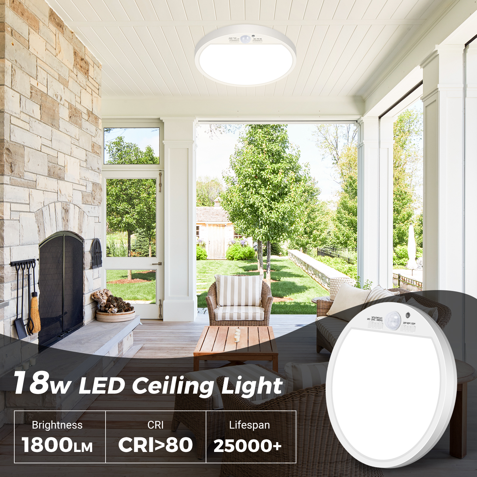 thumbnail video image 2 of HOVMAP Rechargeable Motion Sensor Ceiling Light, Wired 18W 1800lm 3 Mode Timer Bright LED Flush Mount Light Fixture, Renter Friendly Ceiling Light, Garage Lights, 2Pcs 9" Infrared Sensing Black 3CCT, 2 of 9