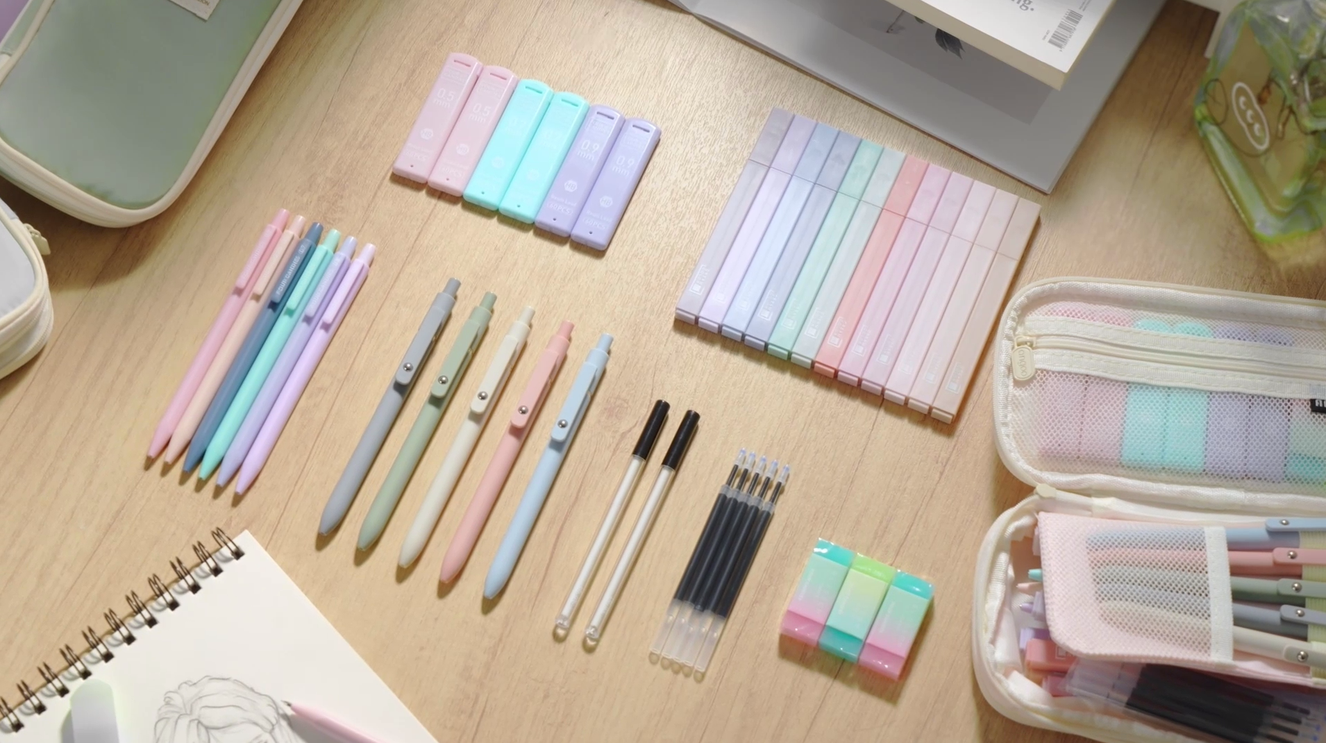 thumbnail video image 2 of Four Candies 39 PCS Aesthetic Supplies with Cute Pen Case, 12 Pastel Highlighters, 5 Black Ink Gel Pens, 6 Mechanical Pencils Set 0.5 & 0.7mm,  Stationary Essentials (Purple), 2 of 8