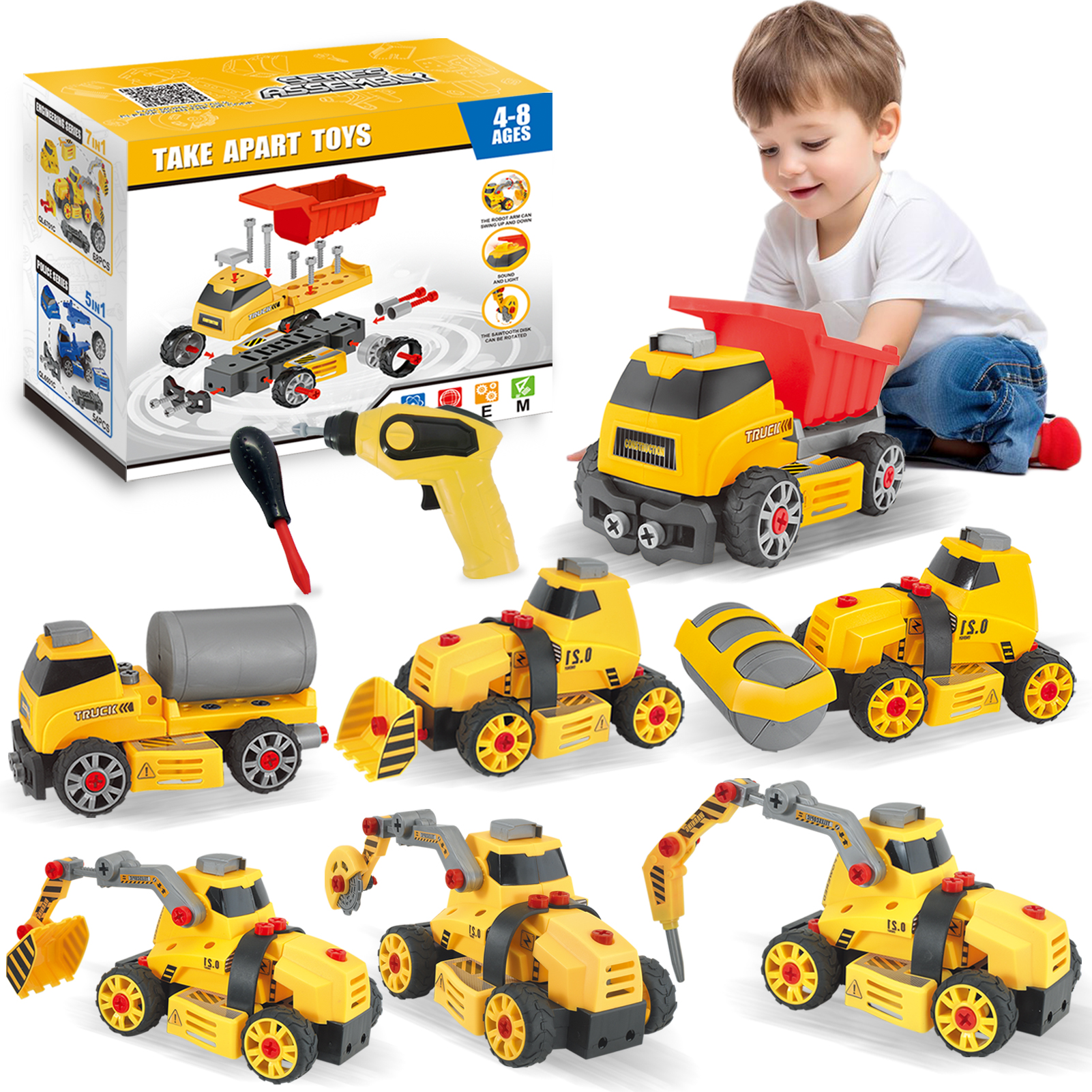 thumbnail video image 2 of Sunforu 7-in-1 Construction Toys for Boys, Take Apart Toys Set with Drill, Cement Mixer, Loader, Roller, Digger, Cutter, Excavator & More, STEM Building Toys Gift for 3 4 5 6 7 8 Year Old Boy & Girl, 2 of 9