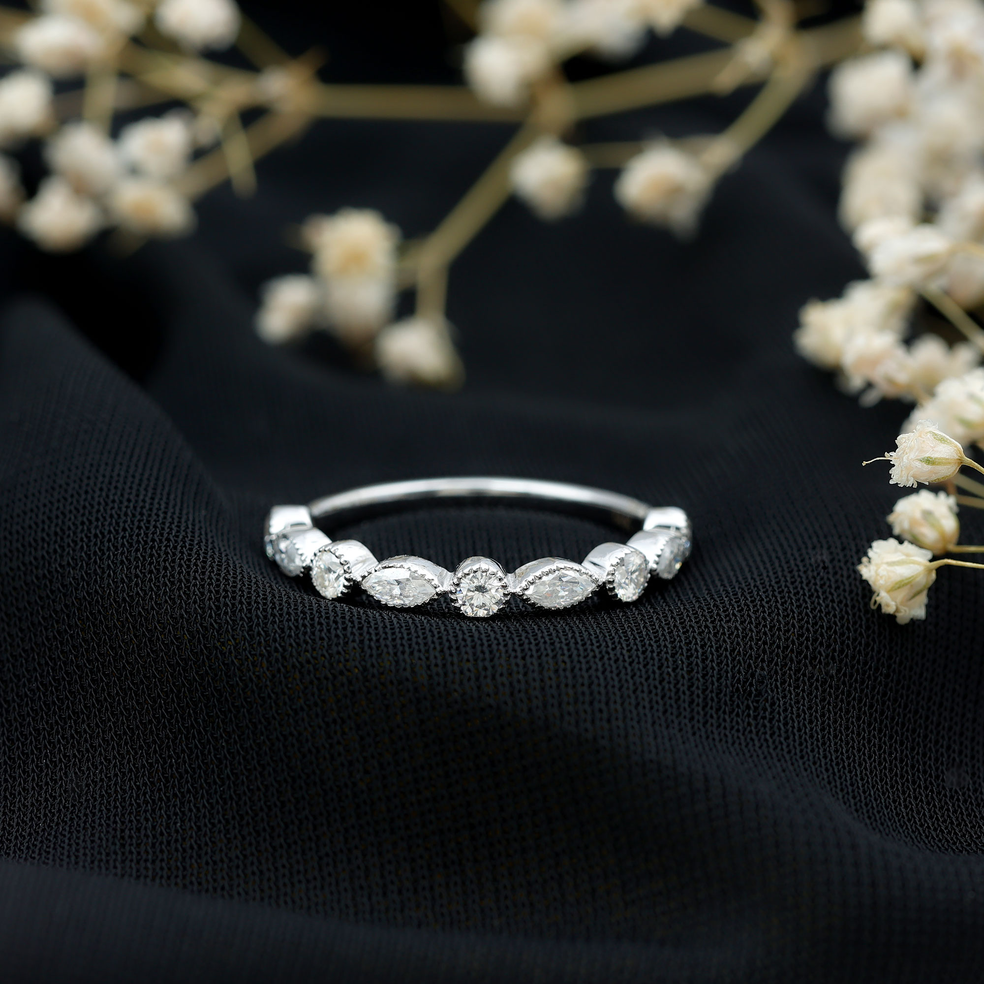 thumbnail video image 2 of Rosec Jewels Certified Moissanite Half Eternity Ring with Beaded Details (D Color VS1 Clarity), 18K Yellow Gold, US 8.00, 2 of 8