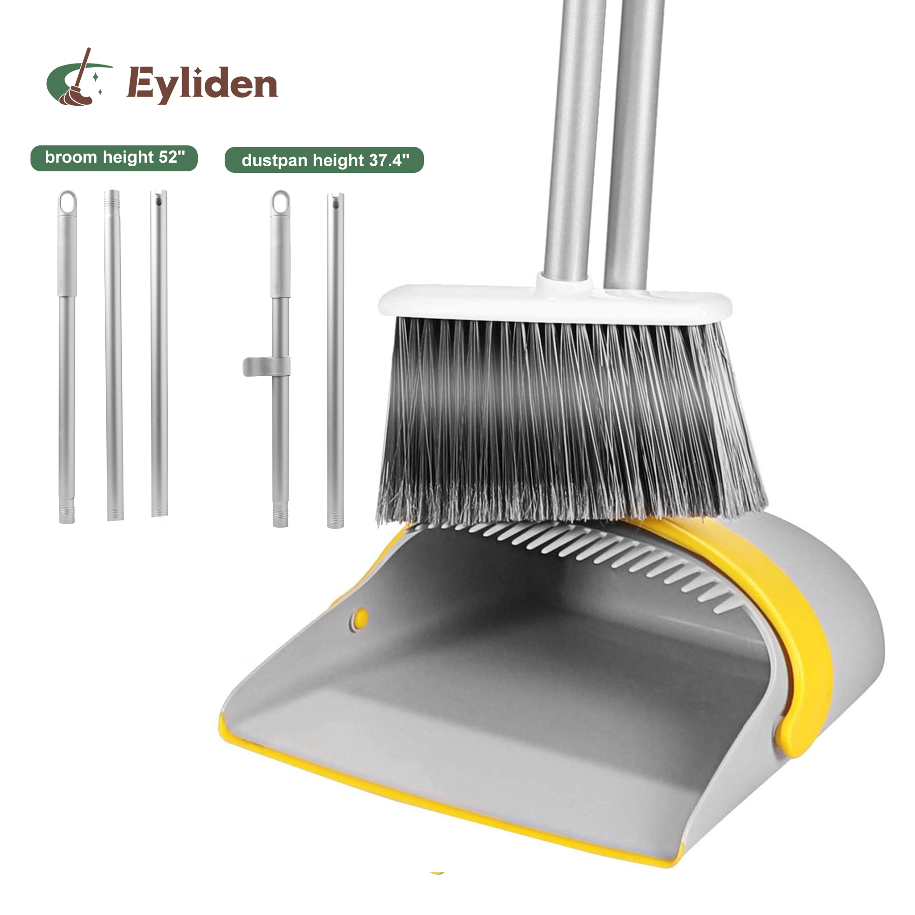 thumbnail video image 2 of Eyliden Broom and Dustpan Set, Upright Stand Dustpan with Comb for Remove Dust, Extendable to 52”, Grey, 2 of 8