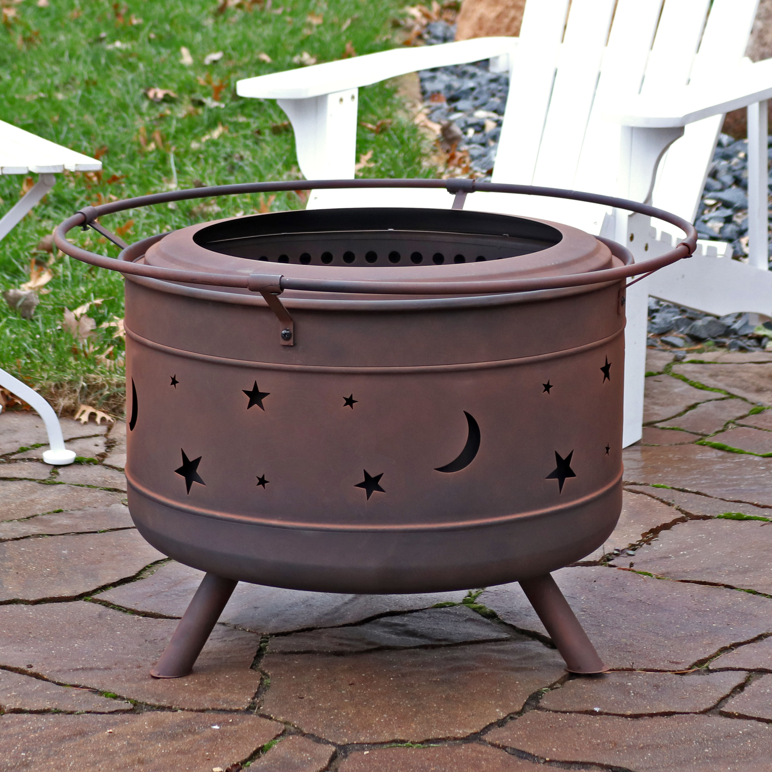 thumbnail video image 2 of Sunnydaze Cosmic 30" Round Wood-Burning Brown Finish Steel Smokeless Fire Pit with Poker, 2 of 11