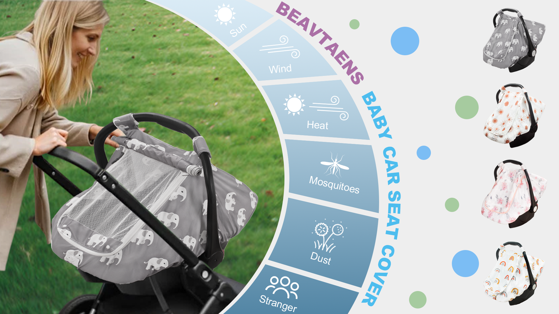 thumbnail video image 2 of Beavtaens Baby Car Seat Cover, Stretchy Carseat Canopy, with Breathable Peep Window (Flowers), 2 of 8