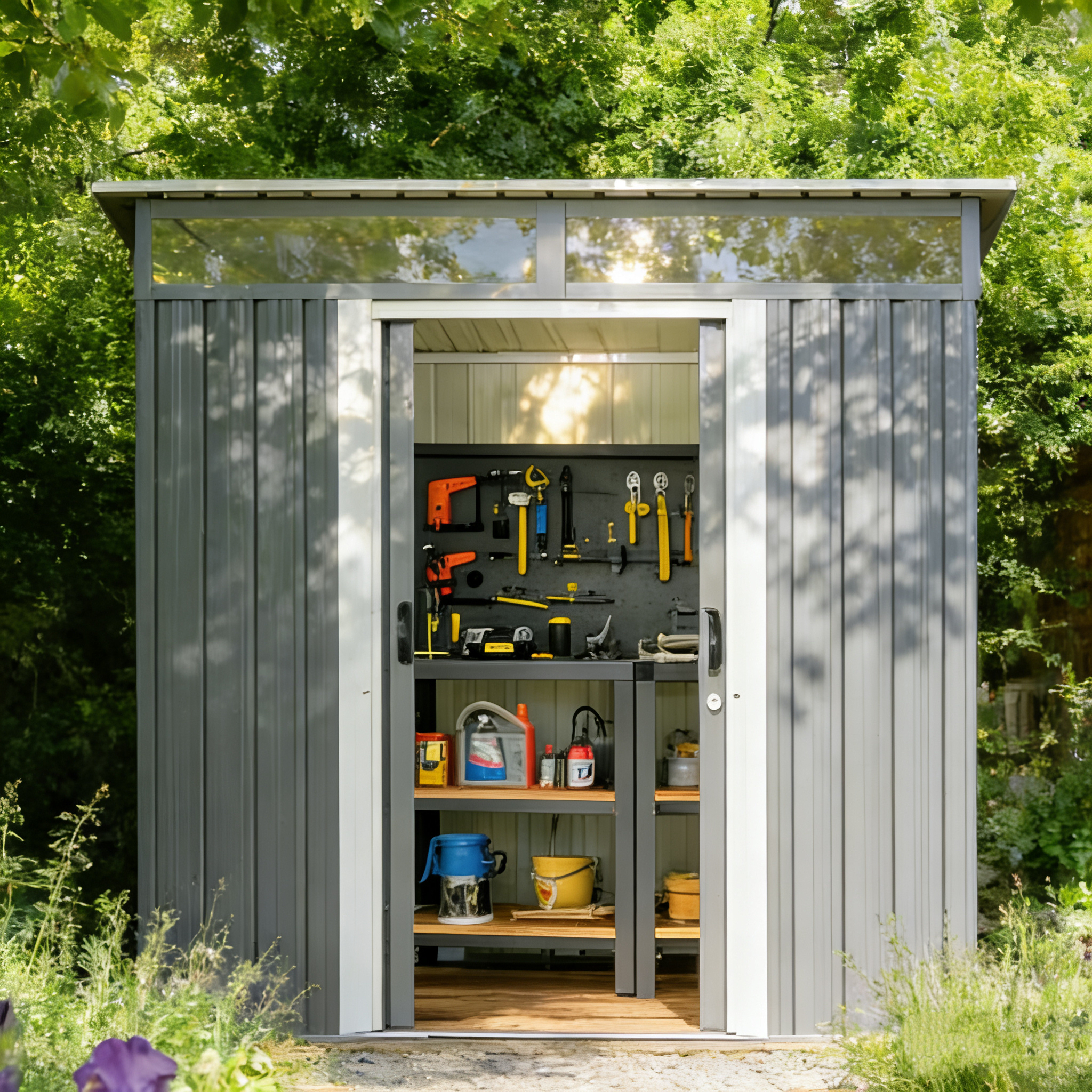 thumbnail video image 2 of 6x4 ft Outdoor Storage Shed, Galvanized Steel Garden Tool Shed with Lockable Door, Waterproof Metal Shed for Backyard, Bike, Lawn Mower & Trash Cans, 2 of 14