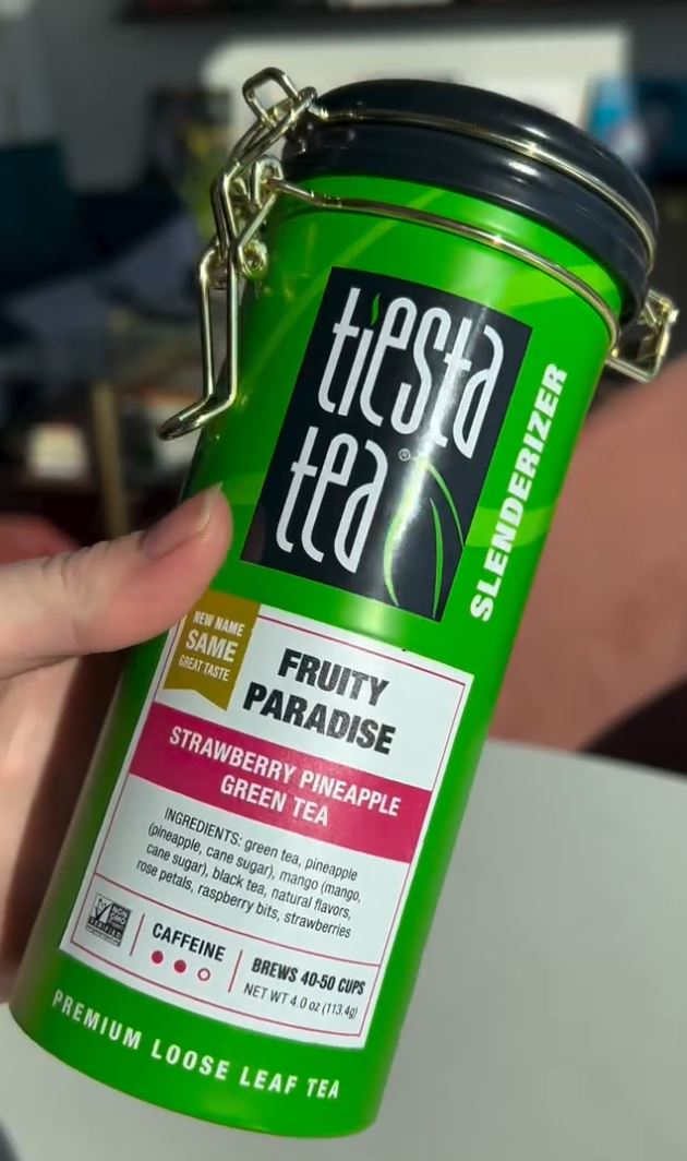 thumbnail video image 2 of Tiesta Tea Fruity Paradise Slenderizer Loose Leaf Green Tea with Strawberry Pineapple, Medium Caffeine, GMO-Free, Hot or Iced, 2 of 10