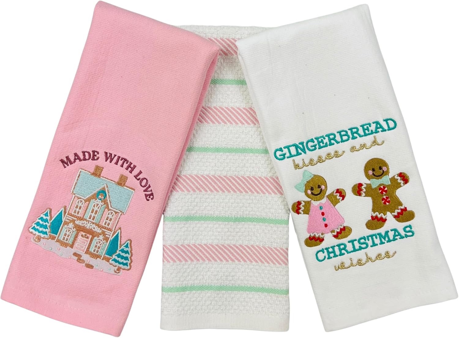 thumbnail video image 2 of Serafina Home Christmas Kitchen Towels-Set of 3 Pink Green White 100% Cotton Embroidered Gingerbread House, Candy Cane Stripe, and Gingerbread Couple with Phrases Design - 16 x 26 Multipurpose Towels, 2 of 9