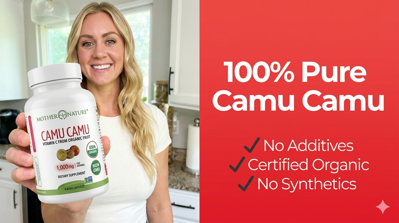 thumbnail video image 3 of Mother Nature Organics Vitamin C Camu Camu Capsules, 1000mg, Organic Immunity Booster, Antioxidant, Vegan, 120 Count, 3 of 12