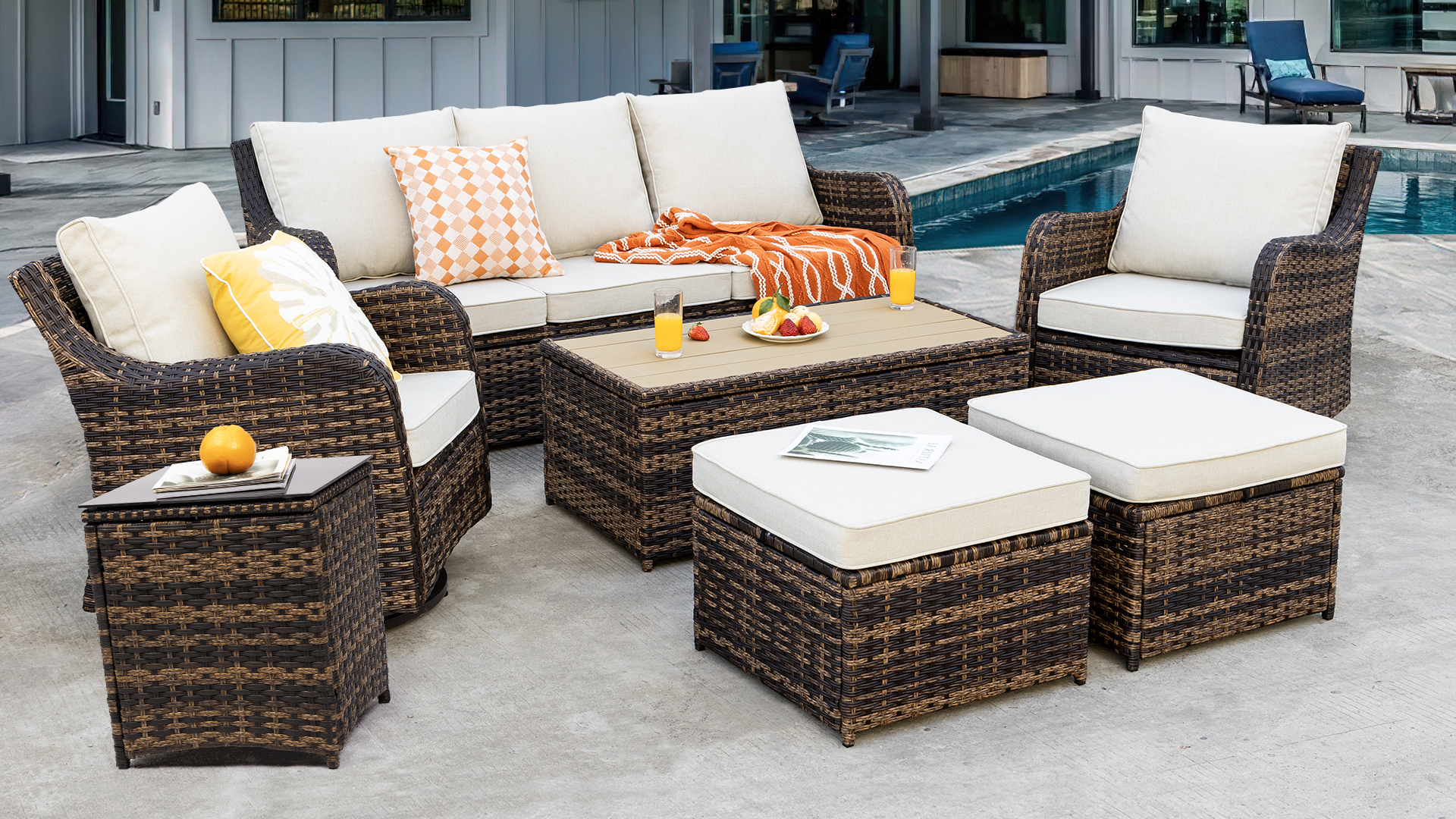 thumbnail video image 2 of MEISSALIVVE 7-Piece Outdoor Wicker Patio Furniture Set, Swivel Rocker Chairs, 3-Seat Sofa, Ottomans, and Coffee Table, Beige, 2 of 11