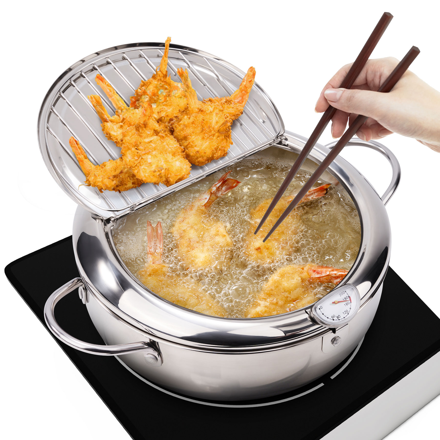 thumbnail video image 2 of Hawsaiy 9.4" Deep Fryer Pot, 304 Stainless Steel Japanese Frying Pot with Oil Drain, Temperature Control and Lid, Tempura Deep Fryer Pot for Kitchen Stove/Induction Cooker French Fries Fryer Chicken, 2 of 9