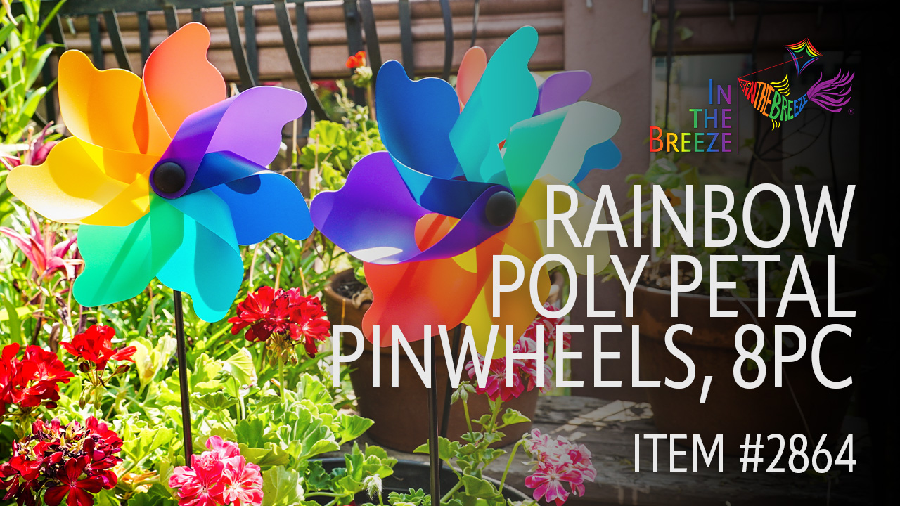 thumbnail video image 2 of In the Breeze 2864-PACKS — Rainbow Poly Petal Pinwheel Spinners, 8-Inch Diameter, 40 Pieces — Colorful Wind Spinners — Hand-Held Fun or Outdoor and Party Decor, 2 of 5