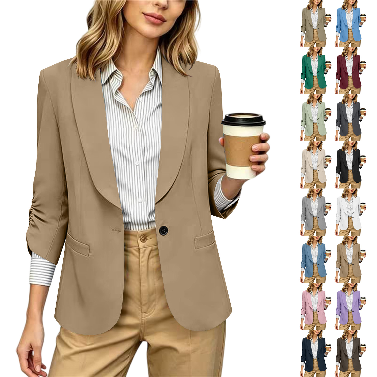 thumbnail video image 2 of Women 3/4 Ruched Sleeve Blazer Lightweight Open Front Slim Fit Blazers Business Casual Cardigan Jacket with Pockets, 2 of 10