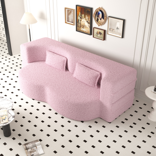 thumbnail video image 2 of Modern Floor Sofa with 2 Pillows,Convertible Teddy Fabric Foam-Filled Sleeper Sofa Bed,15" Full Size Folding Mattress for Living Room,Guest Bed,Playroom,no assembly required,Pink, 2 of 8