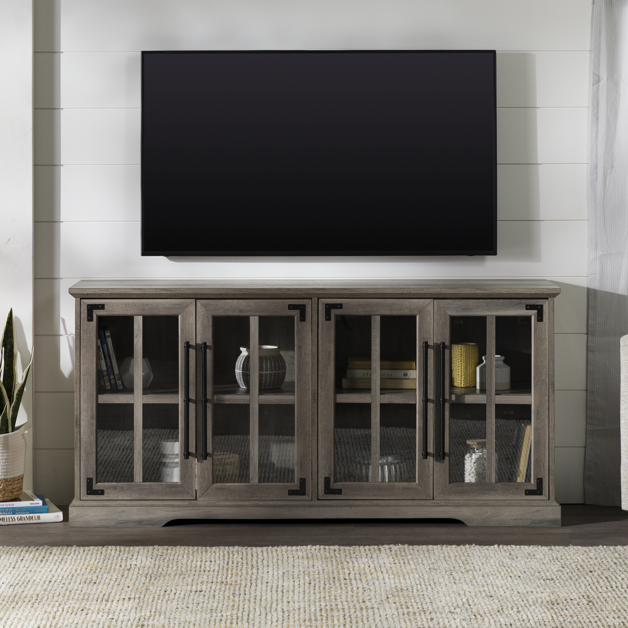 thumbnail video image 2 of Walker Edison Farmhouse 4-Door TV Stand for TVs up to 65", Grey Wash, 2 of 15
