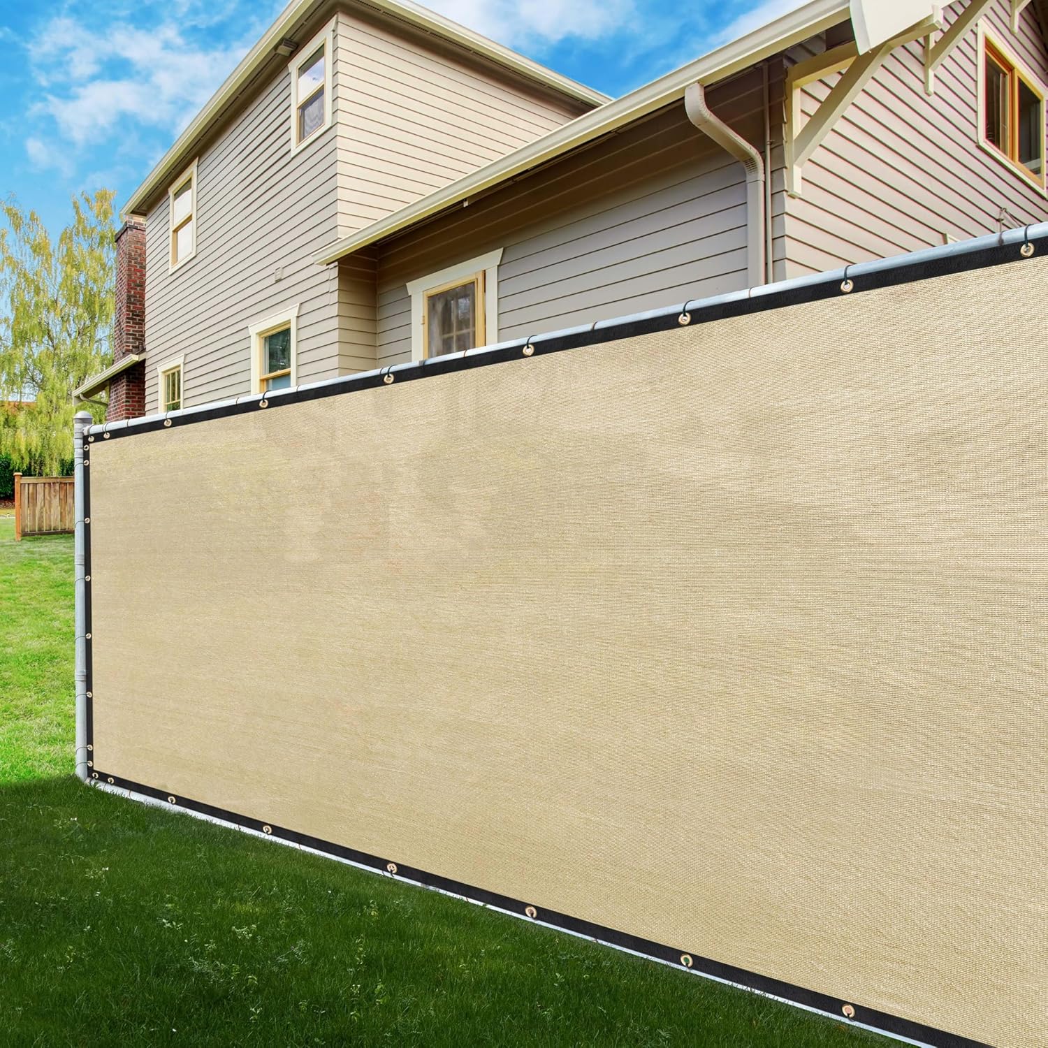 thumbnail video image 2 of ShadeMart 5' x 25' Beige Fence Privacy Screen Windscreen Cover Shade Fabric Cloth, 90% Visibility Blockage, with Grommets, Heavy Duty Commercial Grade, Zip Ties Included - (We Make Custom Size), 2 of 7