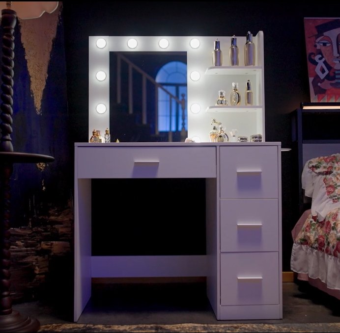thumbnail video image 2 of Furmax Vanity Desk with Lights and Mirror Makeup Vanity Table Set with Drawer and Power Outlet, White, 2 of 8