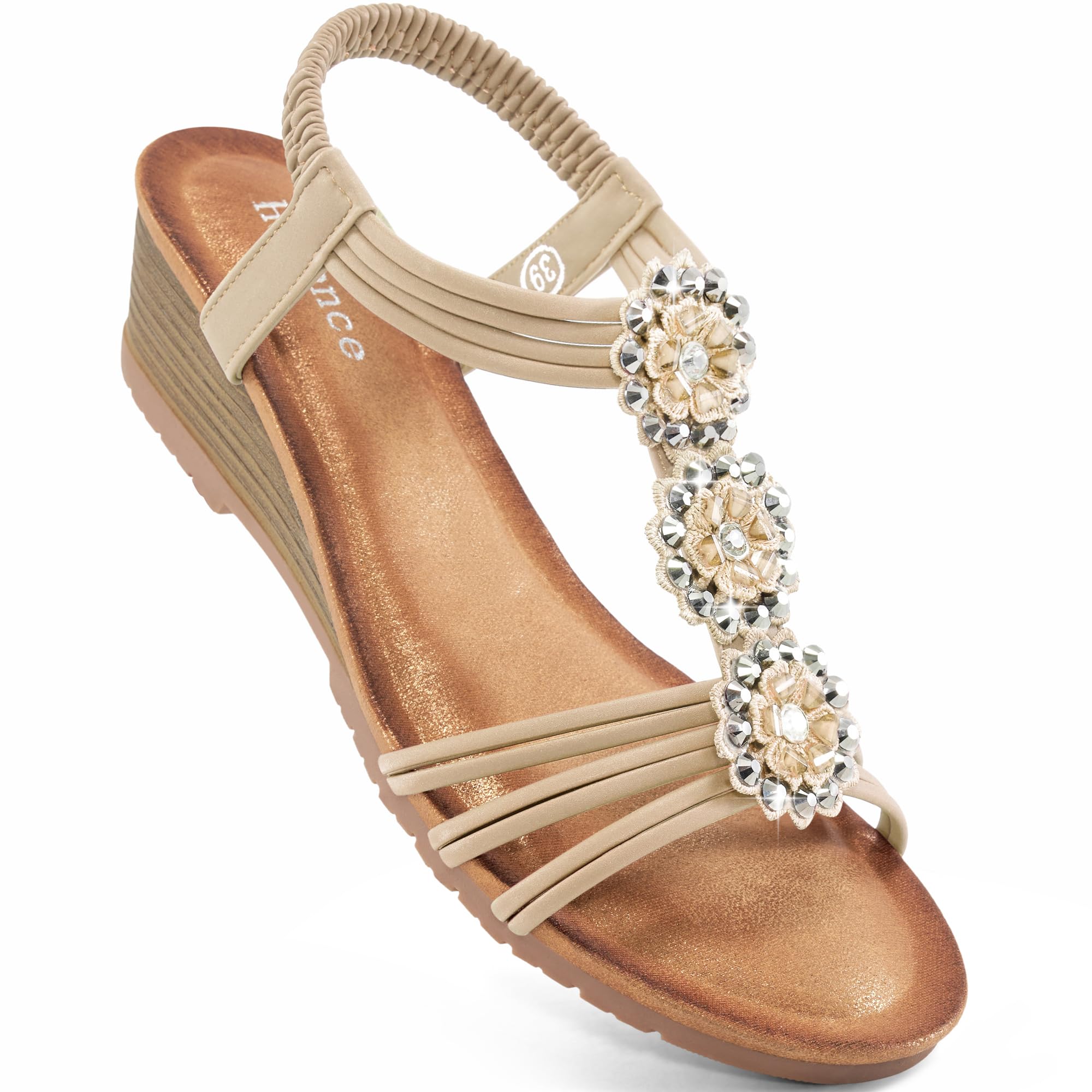 thumbnail video image 2 of Ablanczoom Womens Wedge Platform Sandals: Soft Cushion Rhinestone Floral 1.88 Low Heel Sandals Women Dressy Beach Shoes, 2 of 8