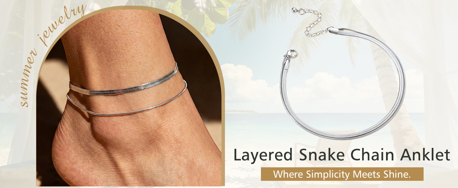 thumbnail video image 2 of FindChic Anklets for Women Silverd Layered Ankle Bracelets Non-Tarnish Stainless Steel Adjustable Waterproof Flat Snake Foot Chain, Summer Beach Jewelry Gifts for Mothers Day/Graduation, 2 of 8
